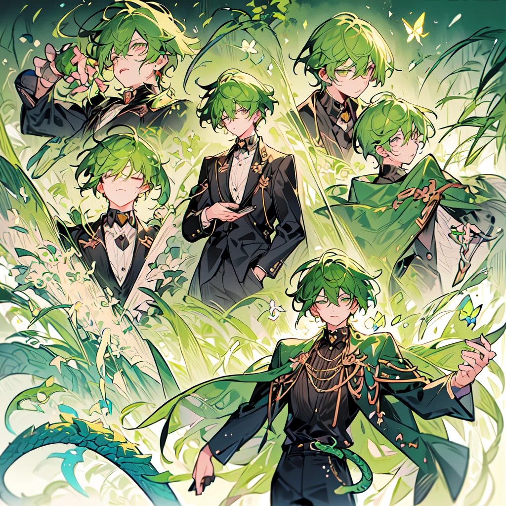 masterpiece, top quality, best quality, beautiful, aesthetic:1.2), 1 boy, alone, green hair, half-closed eyes, usually with a gentle expression, serpent of the world, top hat, black suit, butterfly knife, chains, snake, antagonist character, extremely ruthless and cruel by nature, enjoys inflicting harm on others without reason.