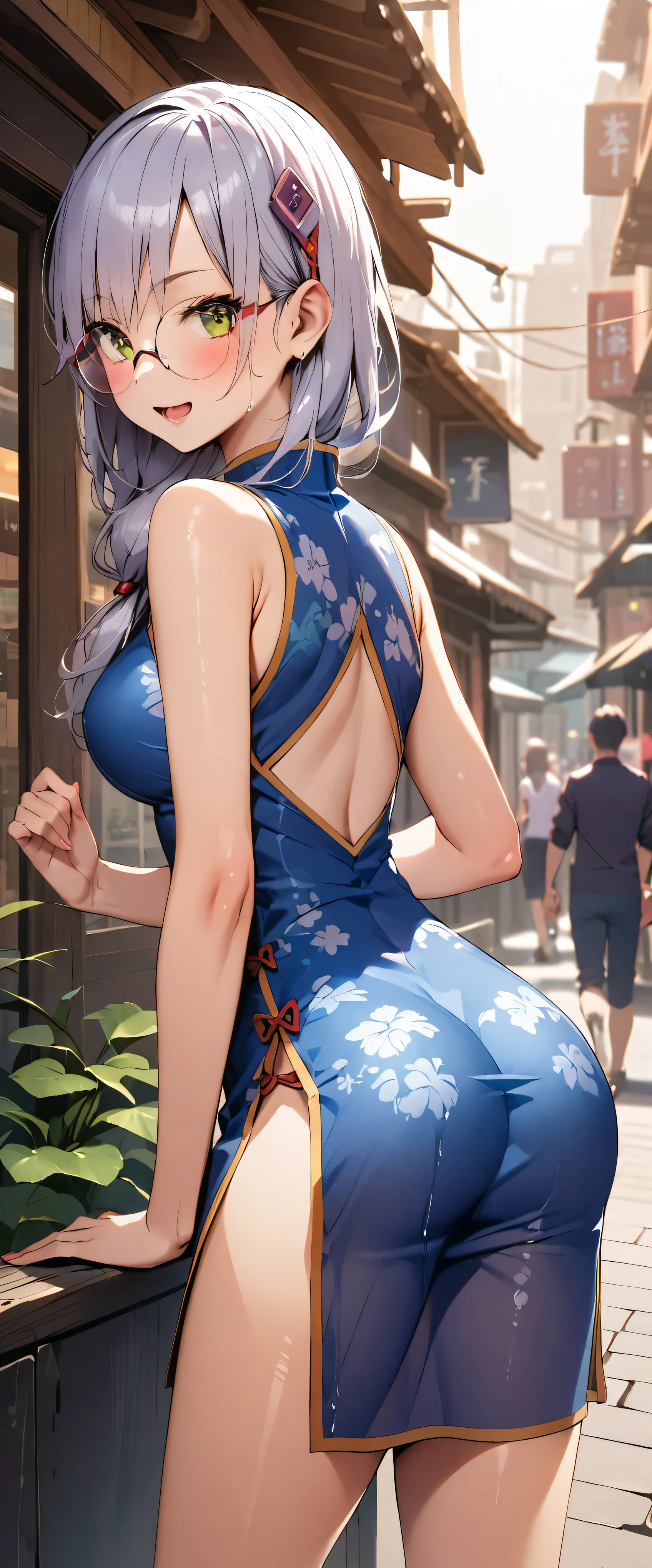 woman,20-year-old,city,(((See-through cheongsam))),,open mouth smile(()),blush、,((turn around and look back))(wet with water)Reflecting the buttocks,glasses