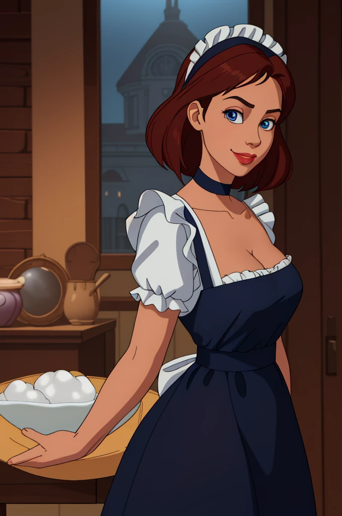 A pretty maid. best quality, masterpiece, Auburn hair, sky blue eyes, wearing a steriotypical French maid outfit, (headdress、white blouse、black ribbon、White Apron、ruffle skirt、puff sleeves、collar、choker、apron with fine ruffles:1.3)、black maid costume). looking up, upper body,hair strand,Fair skin, Large chest,. Adorable, mature Woman,detailed big-eyed woman, round face. promenent red lips. Smileing,In the mansion library, large ass, Picture from the side,looking at the scenes, intense colors, Very valuable details, complex details, volumetric lighting, digital art, 8k, trending on Artstation, Clear focus, complex details, highly detail, Greg Rutkowski Big Eyes, high-resolution, Auburn hair. Alison Brie., attractive chest, .Photorealistic. Confidence, self esteem, assertiveness, dominance. wide Amused smile. ecstastic expression. Sultry, Cleavage. Perky bosum.