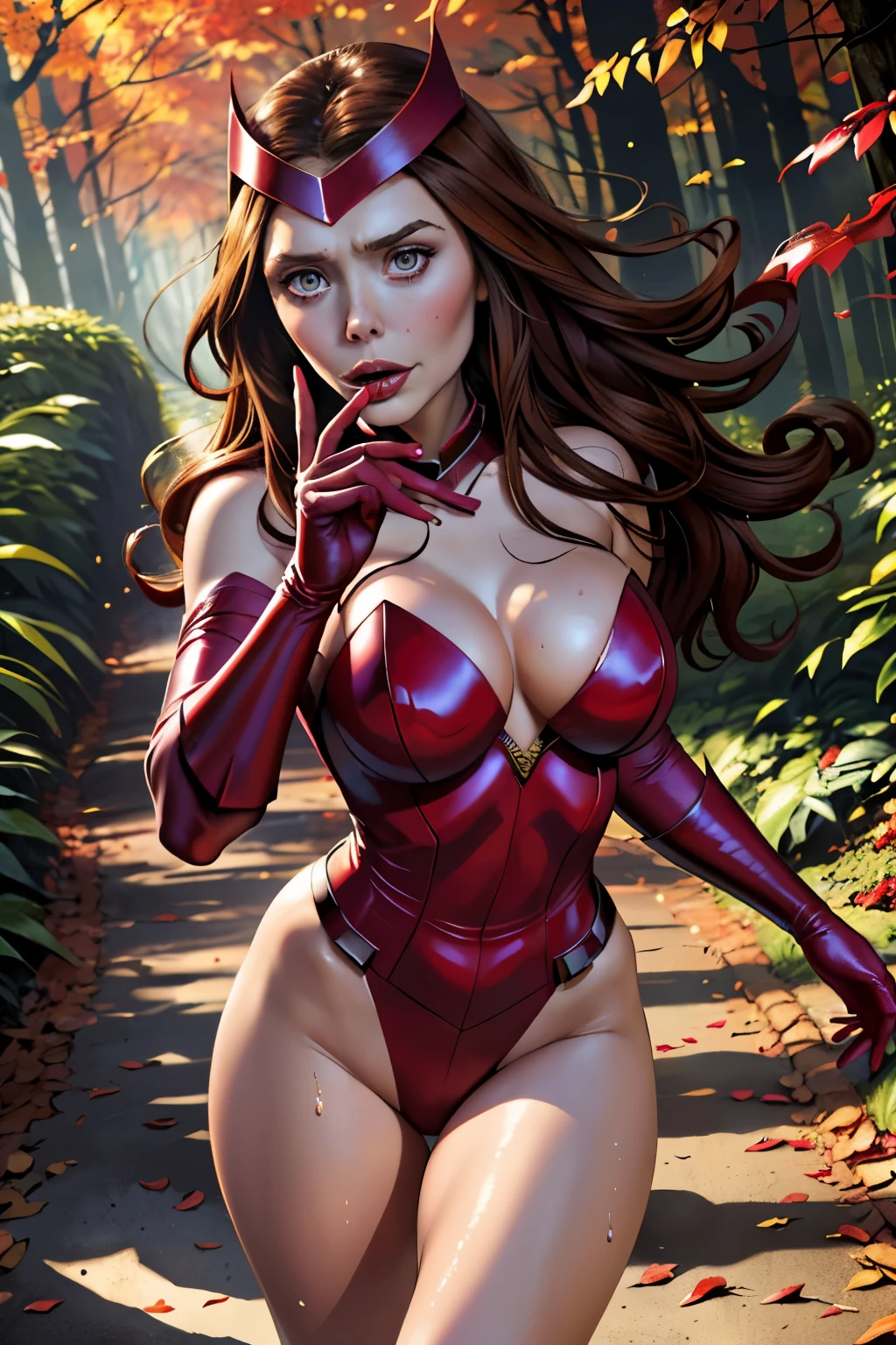 ((highest quality)), ((masterpiece)), (be familiar with), ((Elizabeth Olsen)), ((SCARLET WITCH)), perfect face、Precise、(Accurate hand and finger depiction)、(Accurate lip drawing)、(Accurate tongue depiction)、 scarlet witch woman、long hair、beautiful nails、black nail polish、eye shadow、red cloak、red knee high boots、(Frightened expression)、(running as fast as you can:1.2)、mouth open、(sweating)、(plump body)、big breasts、cleavage、constricted waist、big ass、Glamorous、glamorous、 cinematic, (Complex:1.4), low contrast、side lighting, best shadow, (In the deep dark autumn forest)、(wood々and surrounded by bushes.)、(地面は紅の落ち葉と不気味なwoodの根に覆われている1.2)、(steam:1.3)、from head to toe、perspective from the front