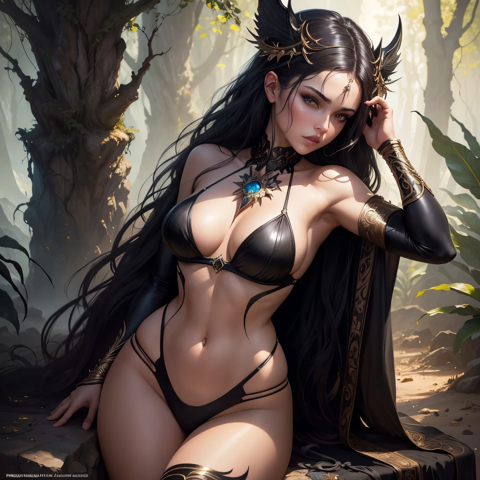 there is a woman in a black bikini , fantasy photoshoot, (fantasy), 5 0 0 px models, beautiful model, karol bak uhd, 4k glamour photography, by Mathias Kollros, beautiful girl, artgerm and patrick demarchelier, wild look, by Edward Corbett, National Geographic photoshoot  