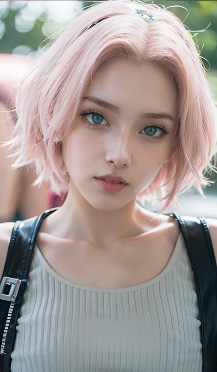 young woman, short shoulder-length pink hair, wide forehead, porcelain skin, pink eyebrows, big emerald green eyes, buttoned nose, full lips, heart-shaped face, slender body, small breasts, red tank top, Sakura Haruno , realistic, realism, details, 3d, well detailed