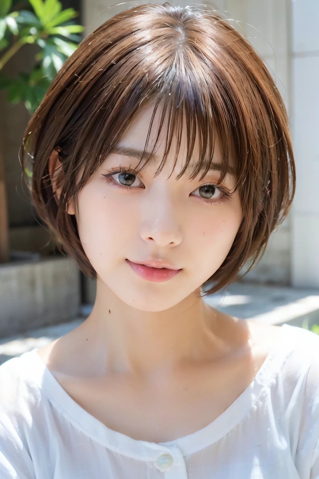 (8k, RAW photo, best quality, masterpiece:1.2),natural lighting,(looking at viewer,from front:1,2),,small breast,(real human skin,finely detailed skin:1,4),upper body photo,extremely detailed eyes and face,double eyelid,makeup,aegyo sal,eyelashes,brown eyes,long eyelashes,parted lips,lipgloss,extremely detailed face,natural make up,((1girl,Pretty Japanese woman,20s:1.2)),((straight short hair,natural hair,transparent bangs,light brown hair:1,6)),smile,white shirt,