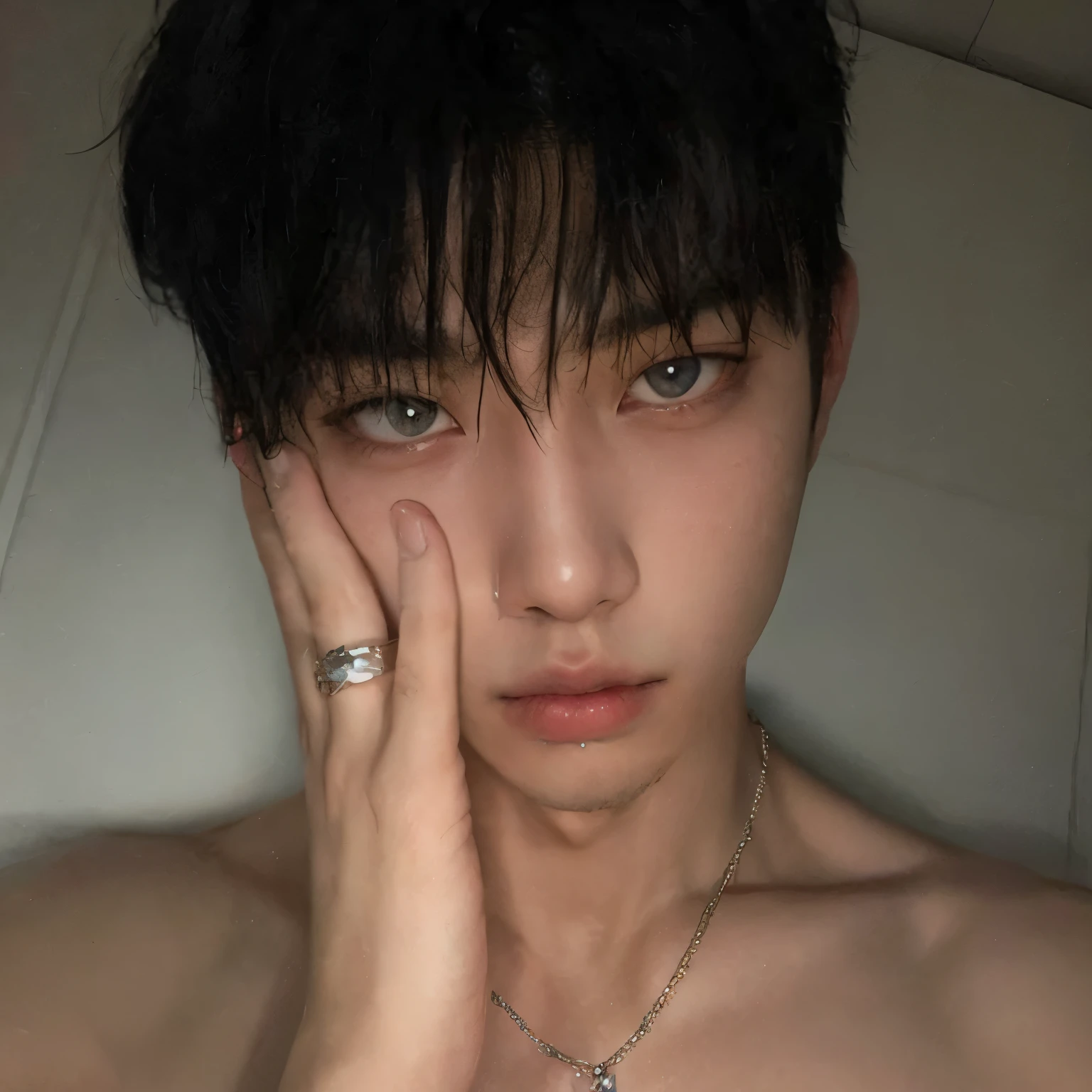 there is a man with a ring on his neck and a necklace on his neck, jimin\'s right eyelid swollen, piercing clear eyes, jinyoung shin, piercing glowing eyes, hong june hyung, handsome japanese demon boy, with anxious piercing eyes, hyung tae, cai xukun, taejune kim, south korean male, dark piercing eyes, 18 years old
