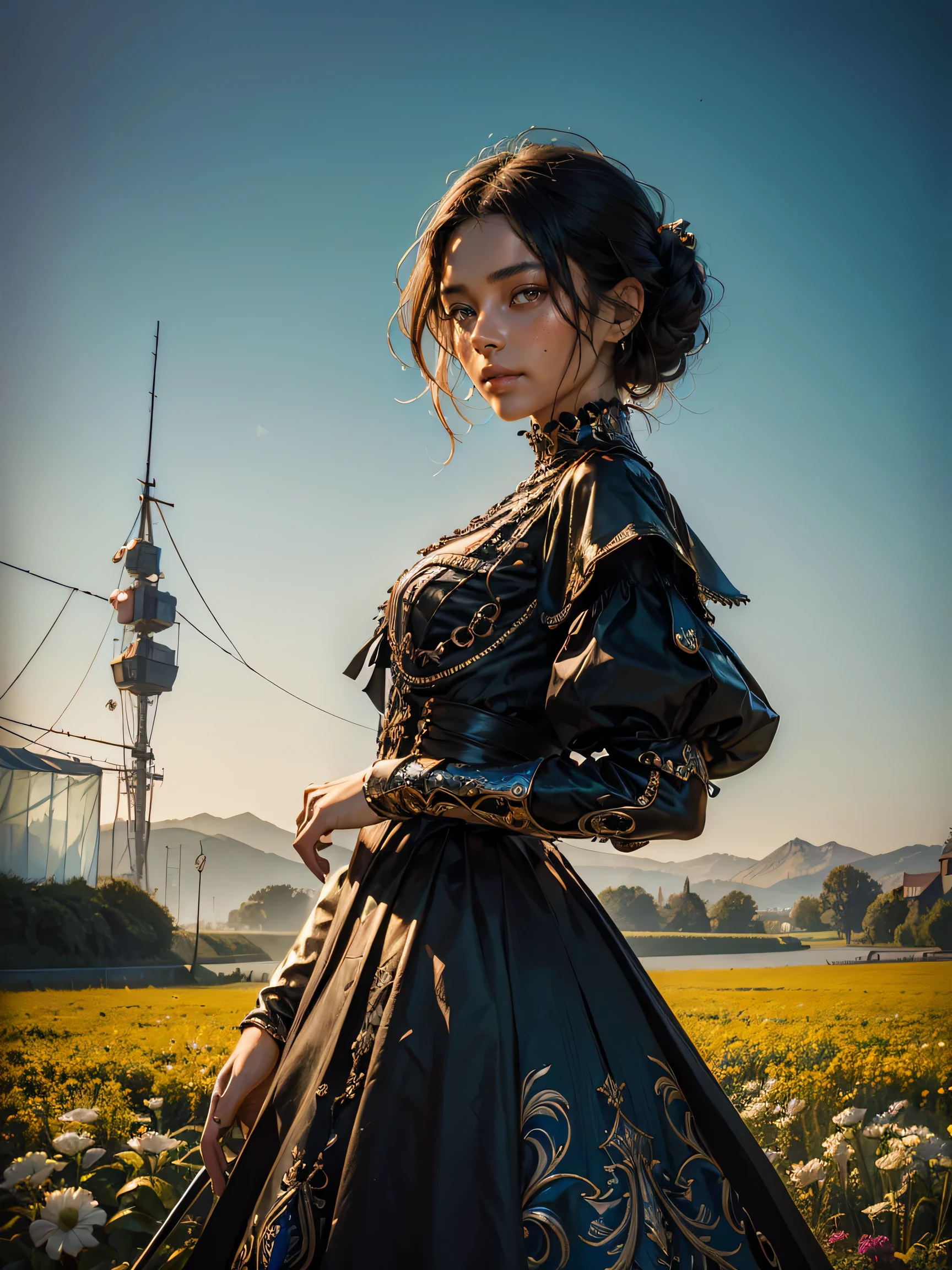 ((camponesa francesa)), a French countryside girl wearing a white blouse, brown corset, green skirt, and straw hat, standing in a wheat field, surrounded by countryside elements such as farm animals, wooden fence, and flowers, with a warm and nostalgic atmosphere, bright and natural lighting, and a soft focus.