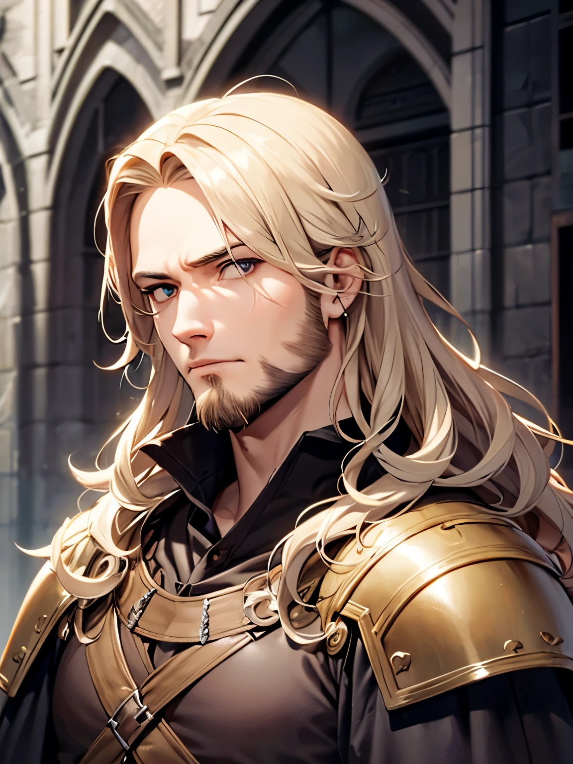 male, late 30s, blond, shoulder-length, middle-part wavy hair, light-purple, deep-set, Sanpaku eyes, slightly thick blond beard, aquiline and hooked nose, slightly underbite, chiseled, slightly long face, fearless expression, strong and dependable body, medieval European everyday wear, portrait