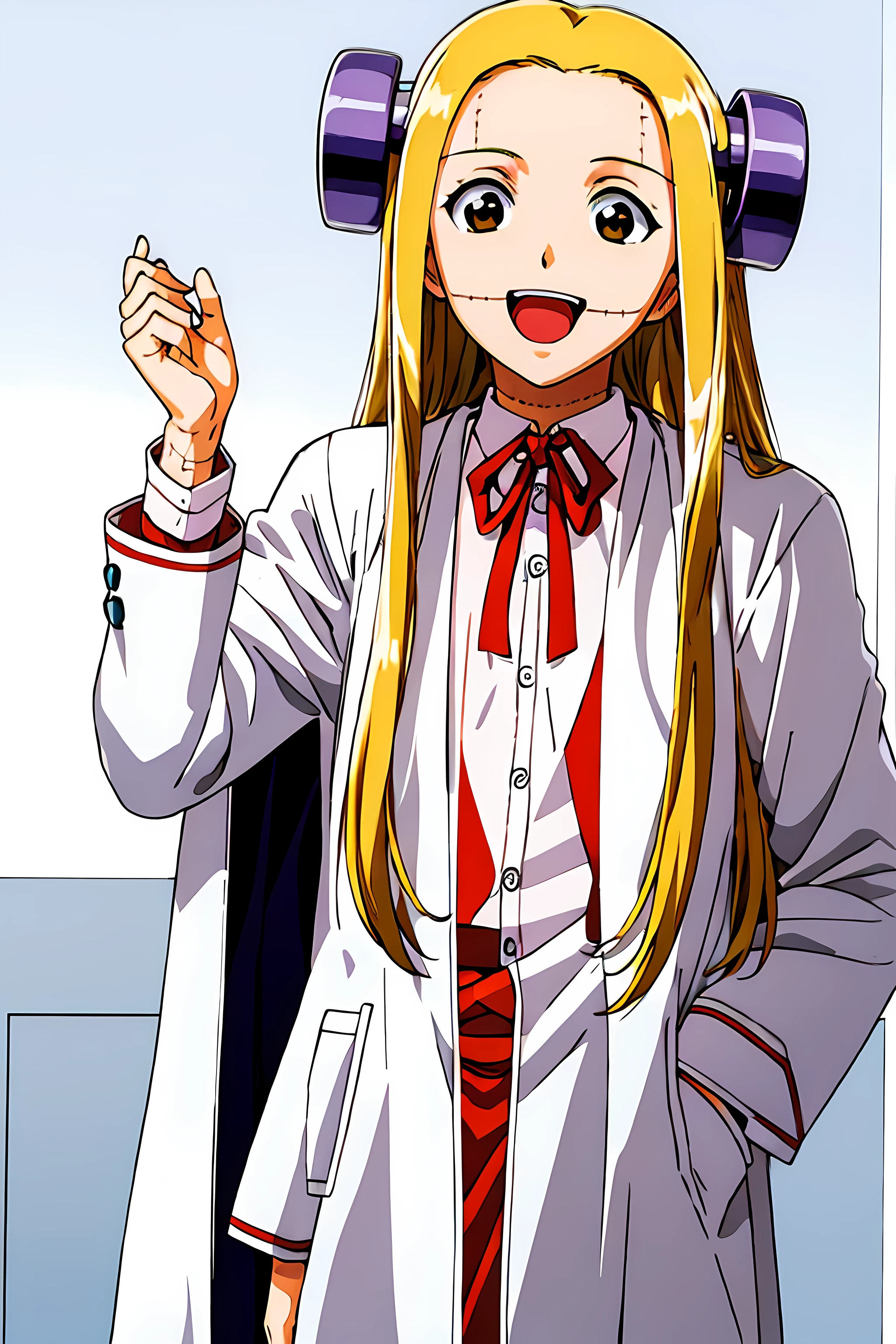 (highest quality:1.3),(ultra-become familiar with:1.5),High resolution,extremely become familiar with CG,unity 8k wallpaper,official art,become familiar with,super become familiar with skin,perfect anatomy,beautiful become familiar with eyes,(anime screenshot:1.11),very delicate and beautiful,(90s anime,90s anime style,cel shaded anime:1.17),1 girl,anmnr, 
((madaraki_fran:1.52)),Light blonde long hair,brown eyes,((((wearing a white coat)))),stitch,body scars,creepy look,open mouth smile,