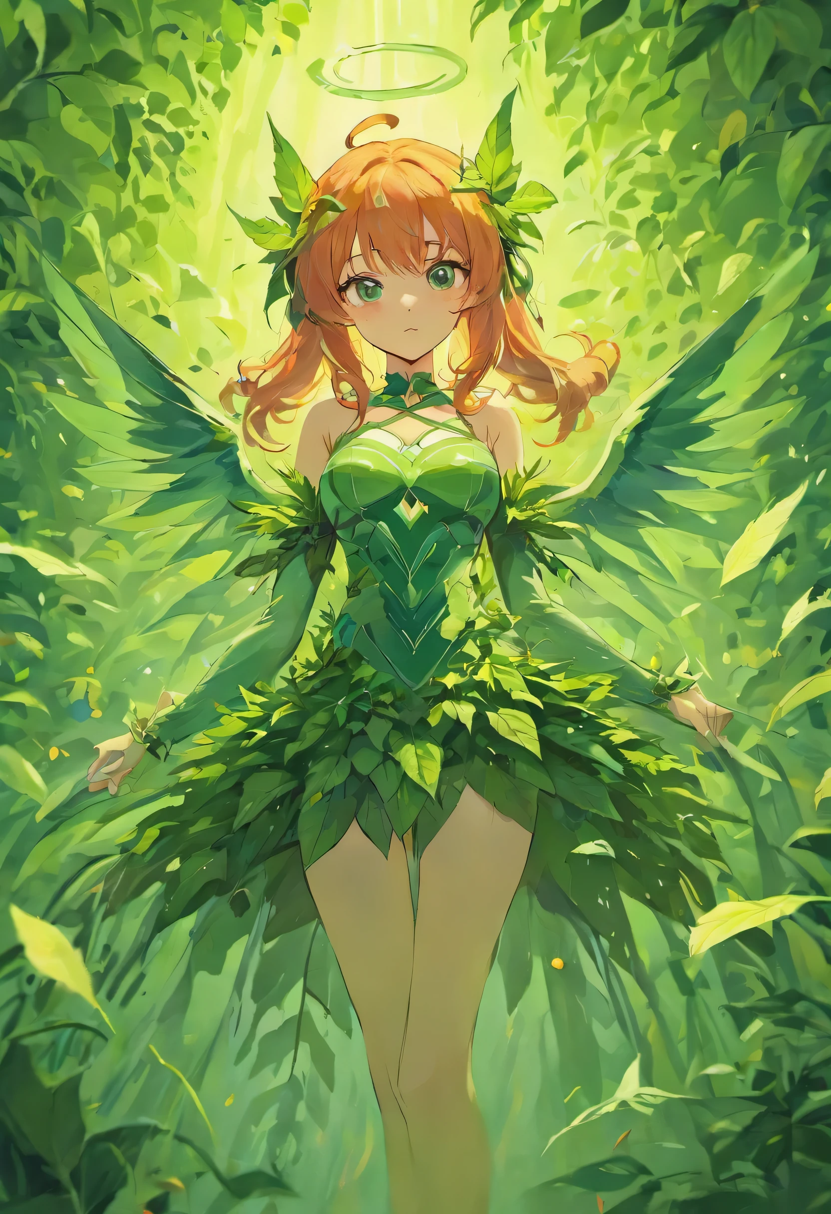 ultra detailed photo shot of a woman (Jia Lissa) dressed as Poison Ivy, with wings made of ((grassy-leaves) ) biophilic design, floral, biopunk, highly detailed, photorealistic, 32k, sunlit, sunlighting, Batman: Arkham Asylum, the last of us, Neil Gaiman, DC Comics, completely covered in a safe for work ((traditionally fashion) )