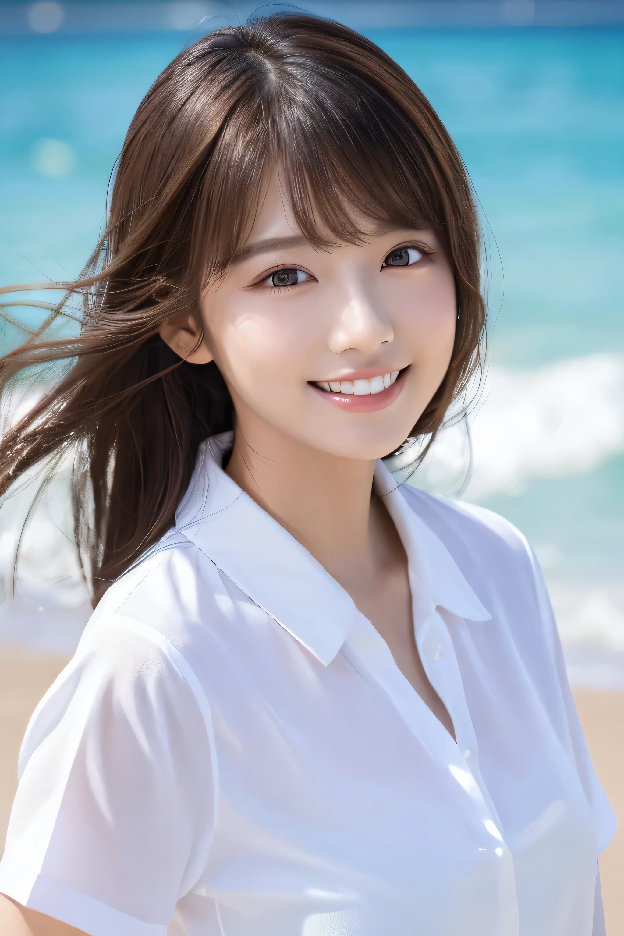 ((highest quality、table top、8K、best image quality、extremely complex and detailed depiction))、(1 person photo:1.1)、(look at me with your best smile:1.1)、(beautiful beach:1.1)、(White polyester high short sleeve collar shirt:1.1)、(The perfect short sleeve collared shirt:1.1)、emphasize body line、The most natural and perfect sea background、The clearest and most beautiful sea、(very big breasts:1.1)、(close up of face:1.2)、glamorous body、hair swaying in the wind、sandy beach、beautiful sea、The most transparent sparkling sea、Complex sea glow、The most detailed and realistic sea、Details of the beautiful sea are drawn、(very brightly lit face:1.2)、Ultra high definition beauty face、(Super high resolution perfect beautiful teeth:1.1)、ultra high definition hair、Super high-definition sparkling eyes、(Pure white skin shining in ultra-high resolution:1.2)、Super high resolution glossy lips、The cutest gravure pose、(very bright and vivid:1.2)、(very bright:1.2)、(very refreshing:1.1)、(Glowing white beautiful skin:1.2)、(Very strong exposure:1.2)、(Pure white skin that shines very brightly:1.2)、(very strong highlights:1.2)、(very bright and glowing skin:1.2)、blurred background
