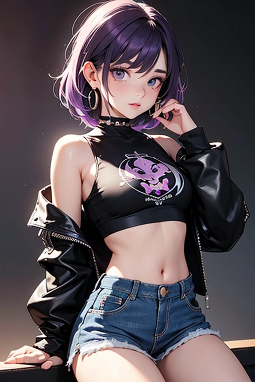 (Obra maestra:1.2), Mejor calidad, (illustration:1.2), (ultra detallado), hiper detalles, (delicado detallado), (detalles intrincados), (cinematic light, Mejor calidad Backlights), Delete line, solista, Cuerpo perfecto, (1 chica), Anime style of a young teenager with long, straight purple hair that falls to her waist, with streaks of darker purple running through it. Her eyes are a striking shade of gold, with a piercing gaze and almond-shaped. She has a fair complexion with a few faint freckles across her cheeks. She is dressed in punk fashion, wearing a cropped leather jacket adorned with studs and patches. She pairs it with ripped black skinny jeans and combat boots, laced up with thick chains. Underneath the jacket, she wears a torn band t-shirt featuring her favorite punk band. She has fishnet stockings peeking out from under her jeans and multiple silver hoop earrings lining her ears., (constituir), alto contraste, (mejor iluminacion, un extremadamente creado y hermoso), (cinematic light), vistoso,