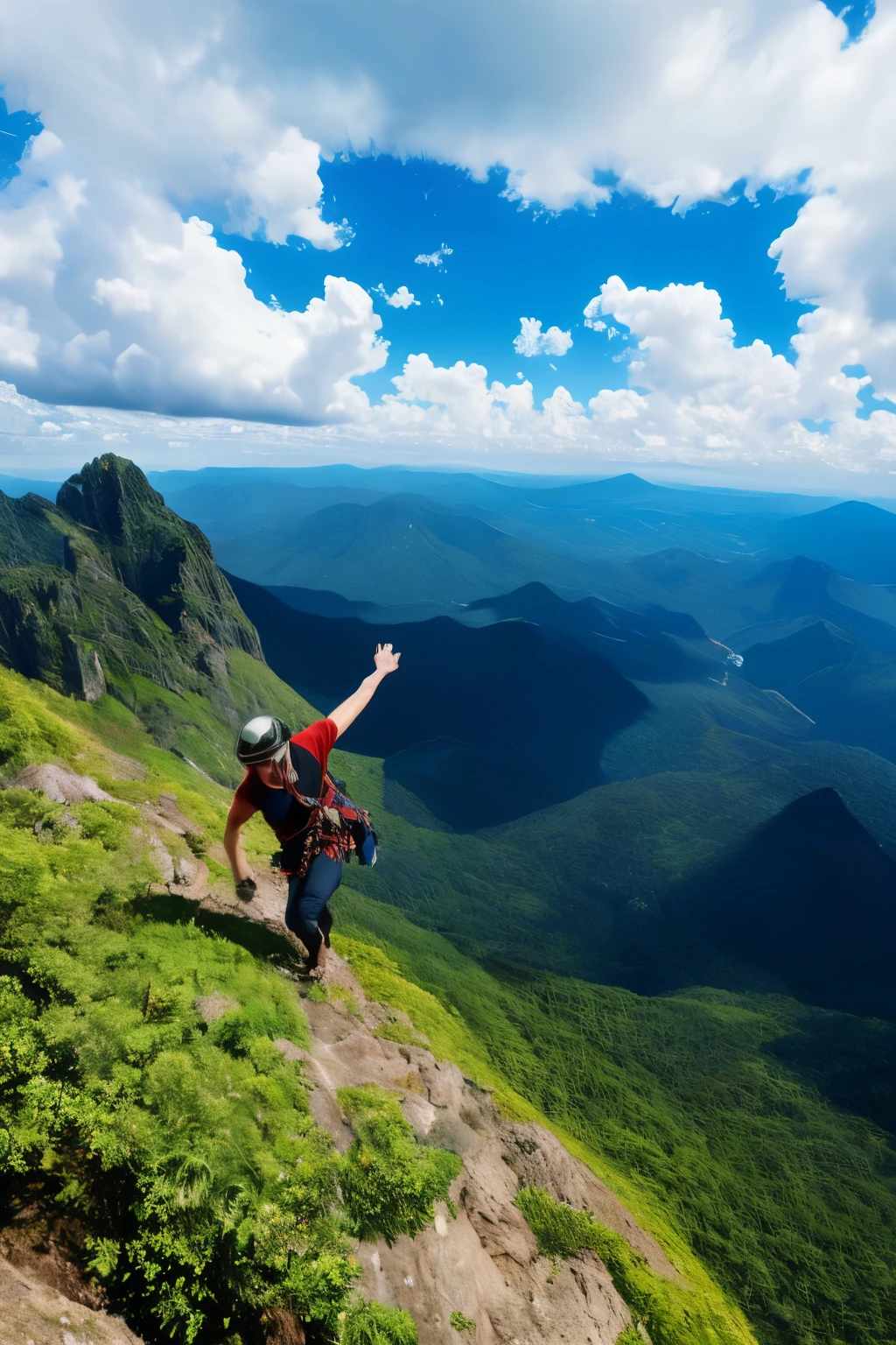 An individual climbing a towering mountain peaks, a testament to the indomitable power of faith and unyielding perseverance. At the foot of the mountain, the lush greenery blankets the earth, a vibrant contrast to the steep, rugged terrain that ascends into the heavens. Each step taken by the climber is deliberate and filled with determination, as they traverse the daunting landscape, relying on their unwavering belief and relentless spirit to push forward. Above them, the sky transforms from a clear blue expanse to a dynamic blend of clouds, reflecting the ever-changing emotions and challenges that accompany the journey. The wind whistles through the trees