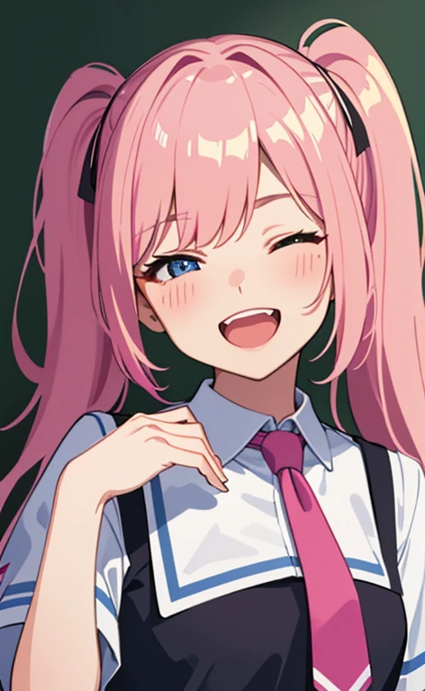 (masterpiece、top-quality、8k size wallpaper、offcial art)、(face focus:1.8,portrait,upper body:1.6)、(1girl),(very loud laugh,Open mouth:1.3),(one eye closed:1.5),cute face,blue eyes、twintails、
,(stand),(Shining smile),
,(sexy body),(school uniform),(long fluorescence pink hair1.3), (small breasts)、
、fluorescence、classroom,JK、