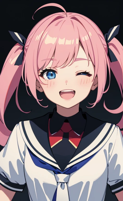 (masterpiece、top-quality、8k size wallpaper、offcial art)、(face focus:1.8,portrait,upper body:1.6)、(1girl),(very loud laugh,Open mouth:1.3),(one eye closed:1.5),cute face,blue eyes、twintails、
,(stand),(Shining smile),
,(sexy body),(school uniform),(long fluorescence pink hair1.3), (small breasts)、
、fluorescence、classroom,JK、