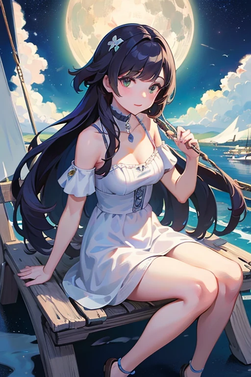 (best quality, masterpiece, ultra-detailed, illustration, 8k uhd, high resolution:1.2), (1girl, solo:1.1), outdoors, landscape, (long view, wide shot, nature, scenic:1.2), from above, camping, tent, snow mountain, starry night sky, full moon, long hair, winter clothes, backpack, peaceful, calm, adventure, exploration