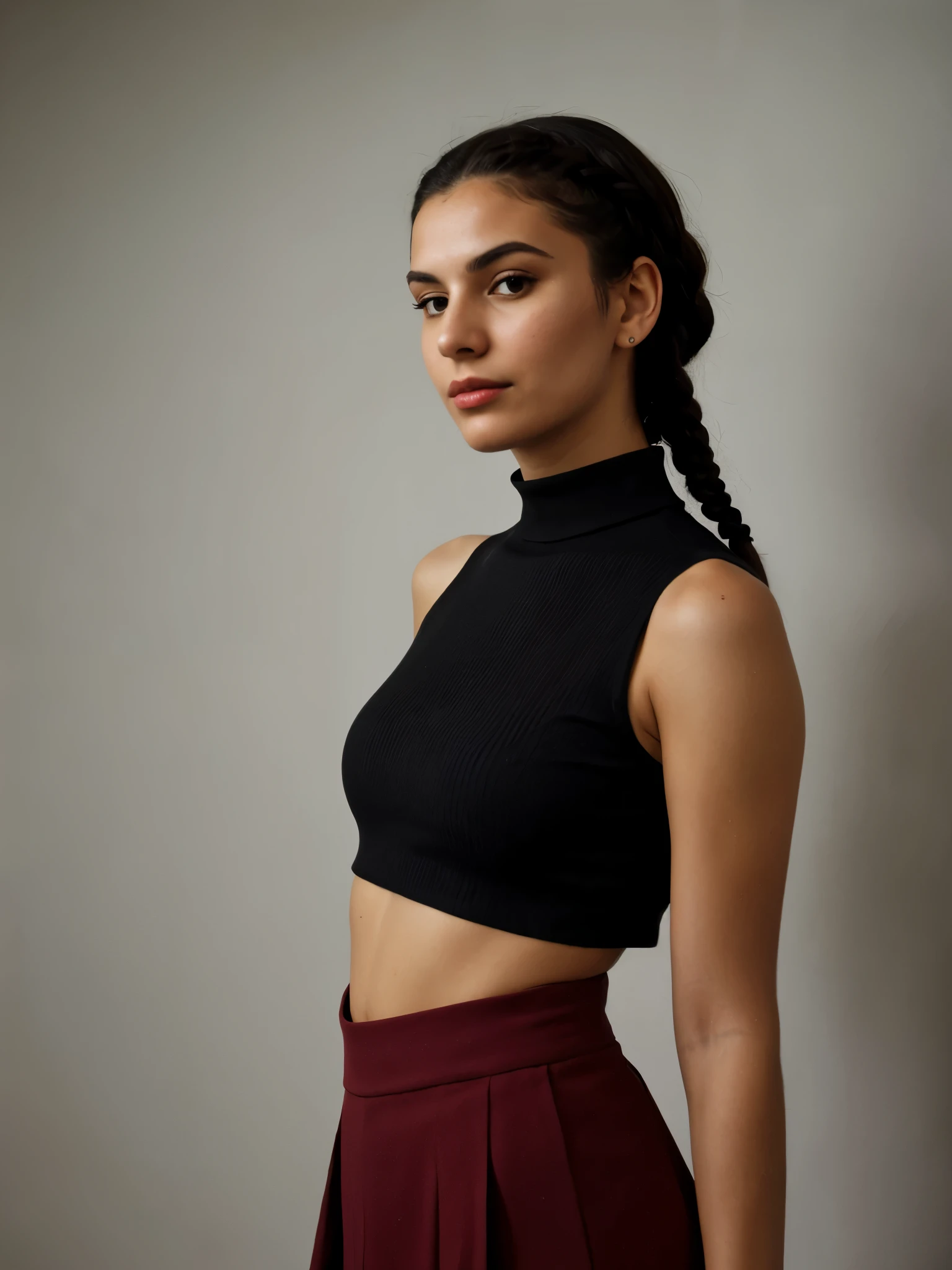 analog raw candid photo of a beautiful young Greek woman, realistic skin texture, black braided hair, slim, (closed mouth:1.1), dark red sleeveless cropped turtleneck shirt with cropped in the belly part, studio lighting, studio portrait, 35mm, perfect proportion, half body portrait