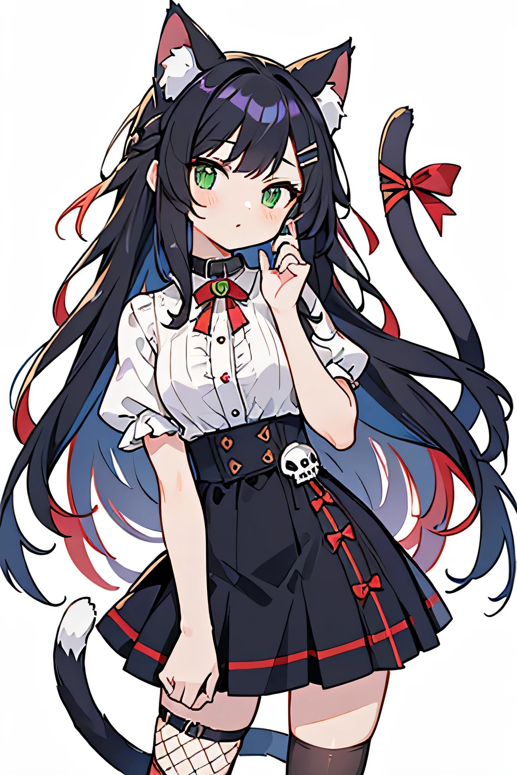 masterpiece, best quality,Super exquisite illustrations, perfect anatomy, correct anatomy, Perfect proportion, perfect face, perfect hands, perfect legs, perfect hands指, perfect hands, professional lighting, best quality, Super detailed, extremely delicate and beautiful, 4K, 8K,,1 girl, cat girl, (((colorful hair:1.2)(black 1.1)(Red 1.1), cat ears, long hair, cat tail, black skirt, Fishnet socks, Cute expression, high resolution, best quality, masterpiece,clear face, beautiful eyes, The eye details are exquisite, highly detailed eyes, ribbon, collar, looking at the audience, skull hair clip, green eyes, head shot