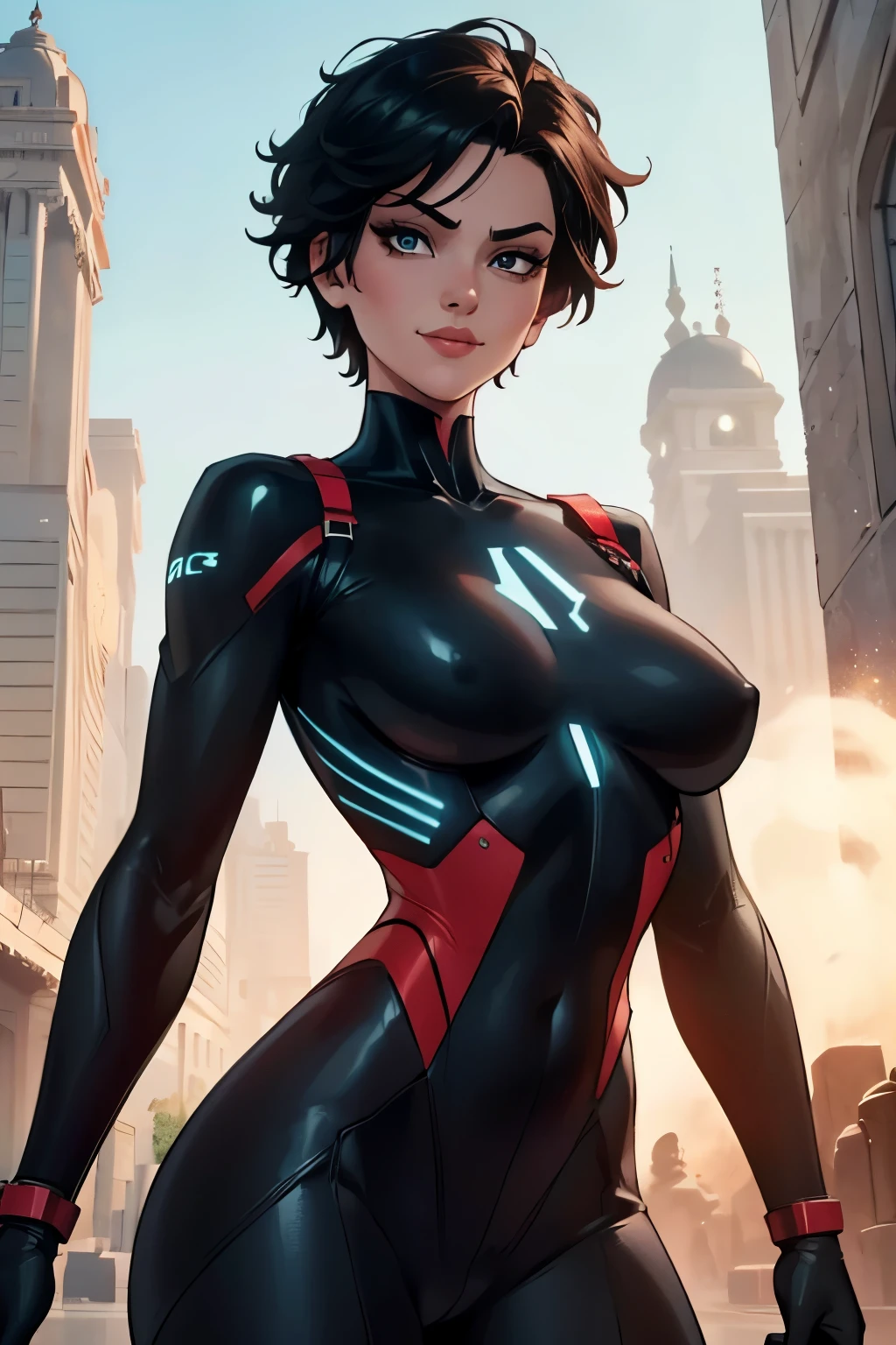 (art, Best quality, absurd, 4K, aesthetics, perfect eyes, perfect face, detailed, complex, Perfect lighting) 1 girl with fair skin, short shaved dark hair, wears a red and black futuristic bodysuit, queen of an alien race, warrior, gentle smile