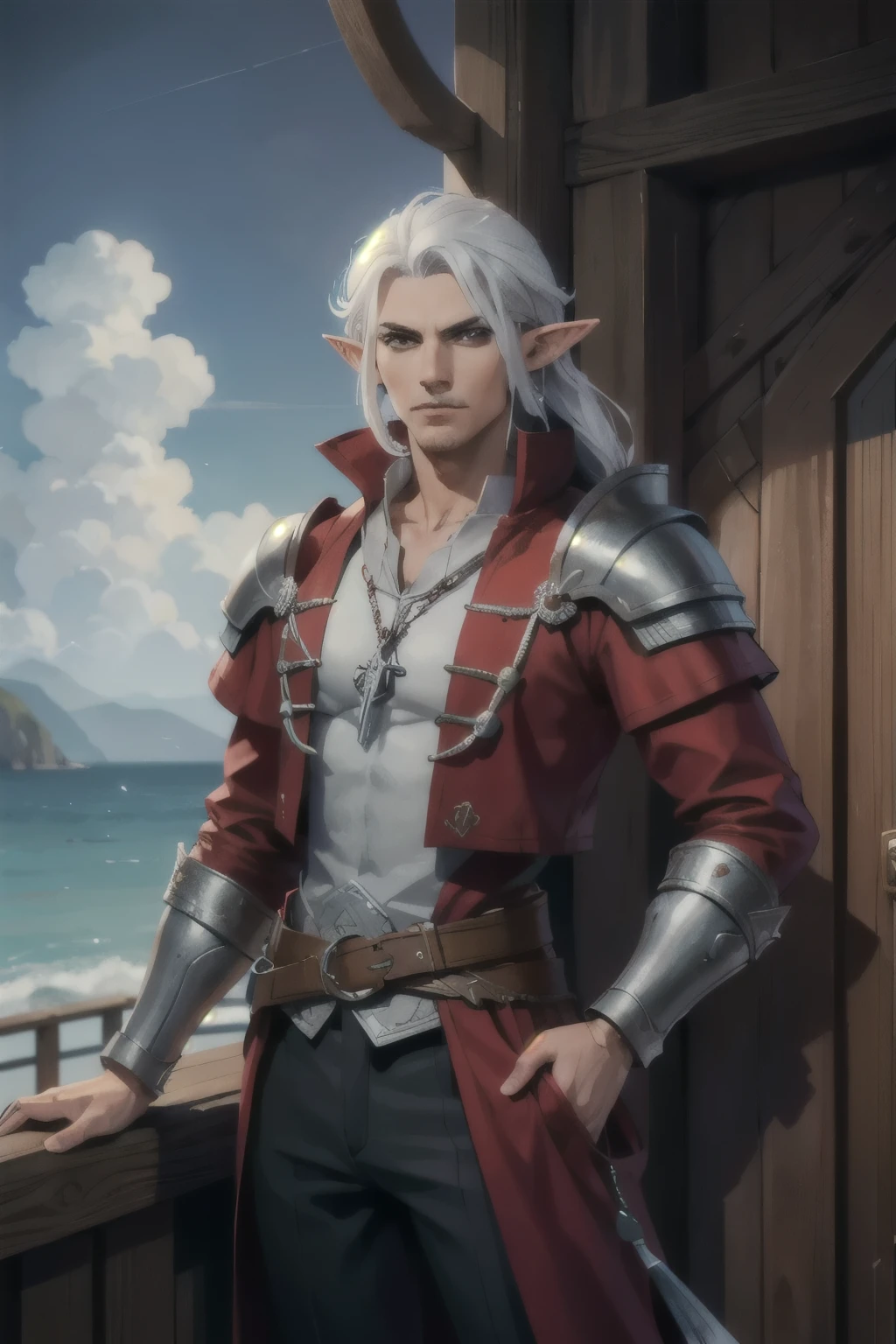 male elf pirate, with silver hair, noble pirate armor, standing in a crows nest, looking out to the sea, confident sharp look, majestic, royalty, red coat