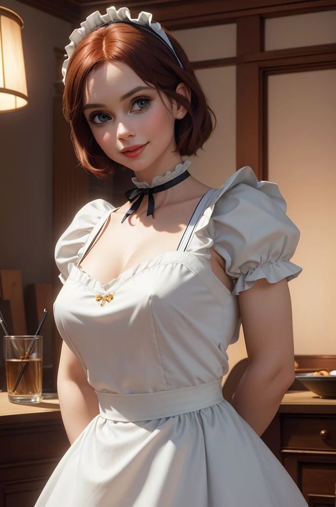 A pretty maid. best quality, masterpiece, Auburn hair, sky blue eyes, wearing a steriotypical French maid outfit, (headdress、white blouse、black ribbon、White Apron、ruffle skirt、puff sleeves、collar、choker、apron with fine ruffles：1.3)、black maid costume). looking up, upper body,hair strand,Fair skin, Large chest,. Adorable, mature Woman,detailed big-eyed woman, round face. promenent red lips. Smileing,In the mansion library, large ass, Picture from the side,looking at the scenes, intense colors, Very valuable details, complex details, volumetric lighting, digital art, 8k, trending on Artstation, Clear focus, complex details, highly detail, Greg Rutkowski Big Eyes, high-resolution, Auburn hair. Karen Gillan, attractive chest, .Photorealistic. Confidence, self esteem, assertiveness, dominance. wide Amused smile. ecstastic expression. Sultry, Cleavage. Perky bosum.
