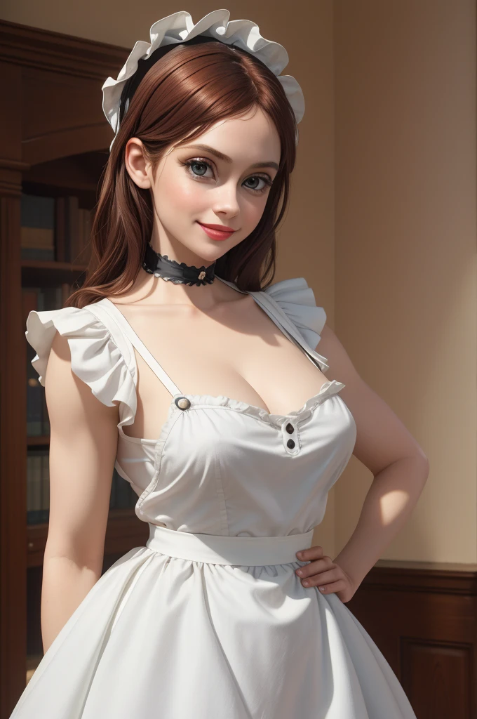 A pretty maid. best quality, masterpiece, Auburn hair, sky blue eyes, wearing a steriotypical French maid outfit, (headdress、white blouse、black ribbon、White Apron、ruffle skirt、puff sleeves、collar、choker、apron with fine ruffles：1.3)、black maid costume). looking up, upper body,hair strand,Fair skin, Large chest,. Adorable, mature Woman,detailed big-eyed woman, round face. promenent red lips. Smileing,In the mansion library, large ass, Picture from the side,looking at the scenes, intense colors, Very valuable details, complex details, volumetric lighting, digital art, 8k, trending on Artstation, Clear focus, complex details, highly detail, Greg Rutkowski Big Eyes, high-resolution, Auburn hair. Karen Gillan, attractive chest, .Photorealistic. Confidence, self esteem, assertiveness, dominance. wide Amused smile. ecstastic expression. Sultry, Cleavage. Perky bosum.
