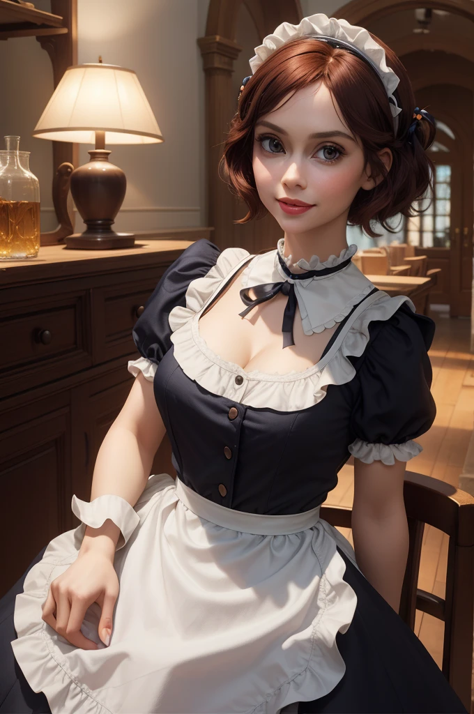 A pretty maid. best quality, masterpiece, Auburn hair, sky blue eyes, wearing a steriotypical French maid outfit, (headdress、white blouse、black ribbon、White Apron、ruffle skirt、puff sleeves、collar、choker、apron with fine ruffles：1.3)、black maid costume). looking up, upper body,hair strand,Fair skin, Large chest,. Adorable, mature Woman,detailed big-eyed woman, round face. promenent red lips. Smileing,In the mansion library, large ass, Picture from the side,looking at the scenes, intense colors, Very valuable details, complex details, volumetric lighting, digital art, 8k, trending on Artstation, Clear focus, complex details, highly detail, Greg Rutkowski Big Eyes, high-resolution, Auburn hair. Karen Gillan, attractive chest, .Photorealistic. Confidence, self esteem, assertiveness, dominance. wide Amused smile. ecstastic expression. Sultry, Cleavage. Perky bosum.
