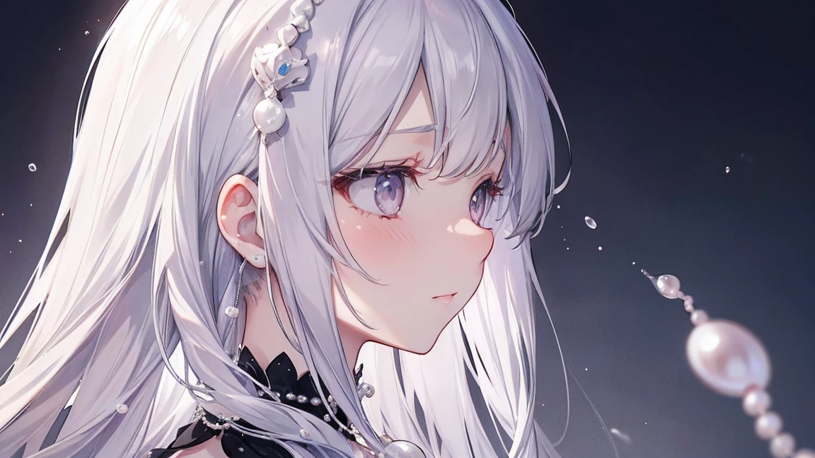 1 girl、Hopeful Eyes、Whimpering、profile、gray hair、long silver hair、masterpiece、Many pearls、Lots of pearl accessories、Highlight the pearls
