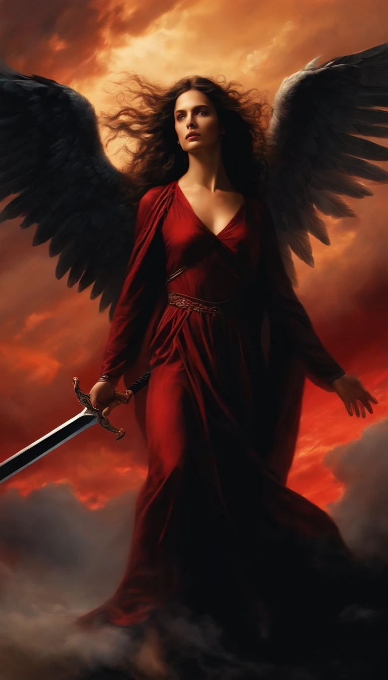 A impressive angel, black opened wings, thin body, holding a dark sword, black long hair, divine light coming from sky, red dark light from below, people dying in the ground, angels flying in the sky, renaissance style, HDR, dualism., Oil painting, vivid, 8k, 12 people, fallen angel.
