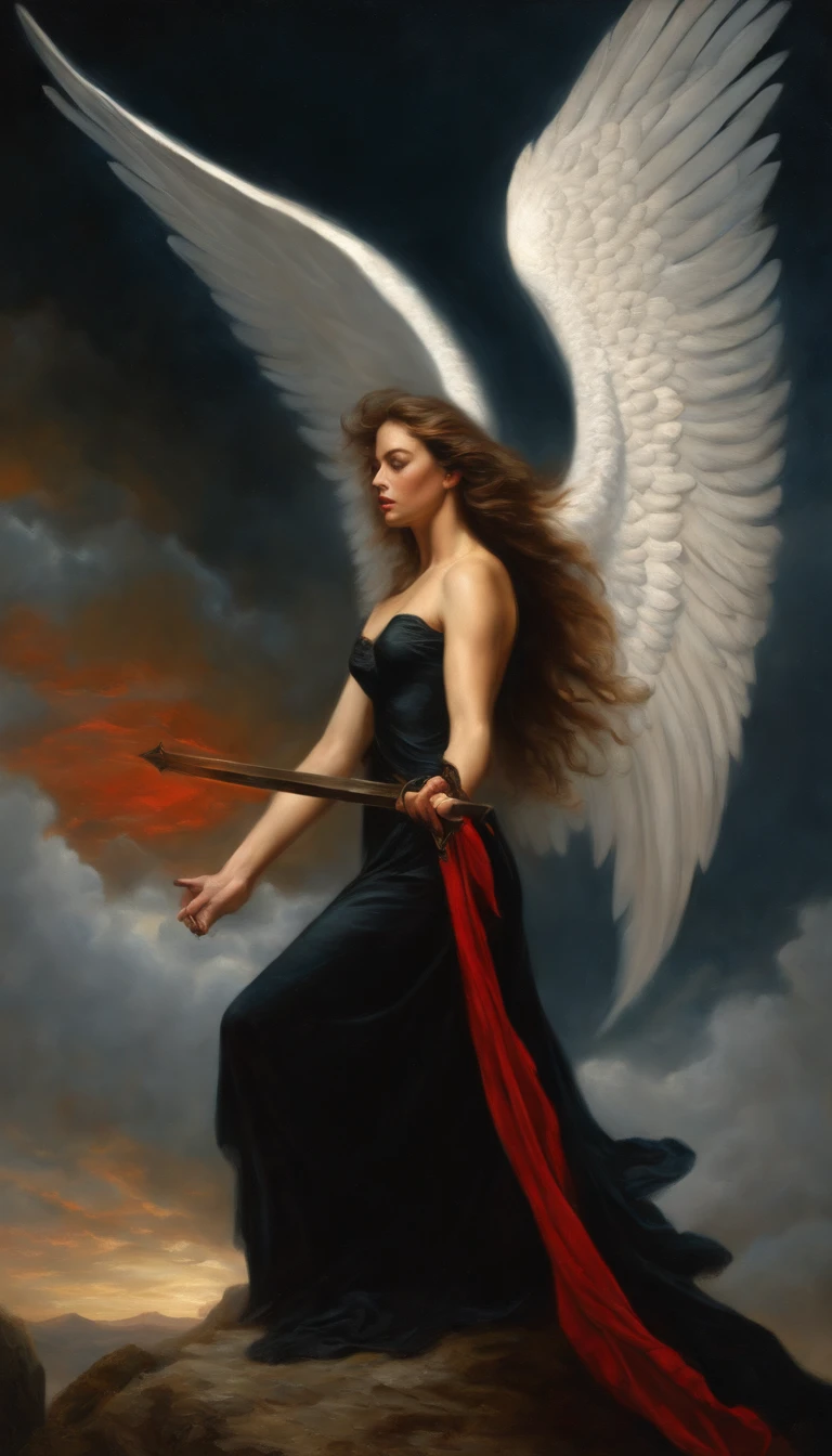 A impressive angel, black opened wings, thin body, holding a dark sword, black long hair, divine light coming from sky, red dark light from below, people dying in the ground, angels flying in the sky, renaissance style, HDR, dualism., Oil painting, vivid, 8k, 12 people, fallen angel.