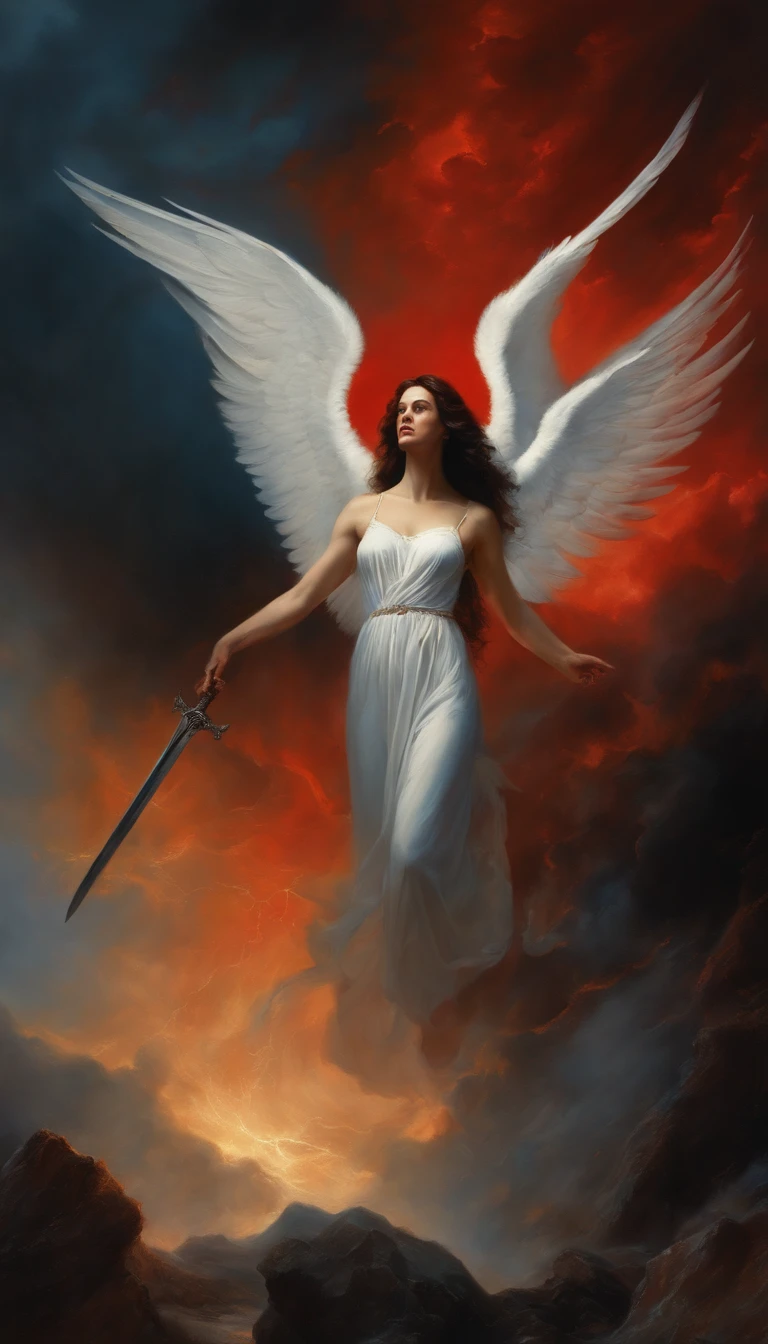A impressive angel, black opened wings, thin body, holding a dark sword, black long hair, divine light coming from sky, red dark light from below, people dying in the ground, angels flying in the sky, renaissance style, HDR, dualism., Oil painting, vivid, 8k, 12 people, fallen angel.