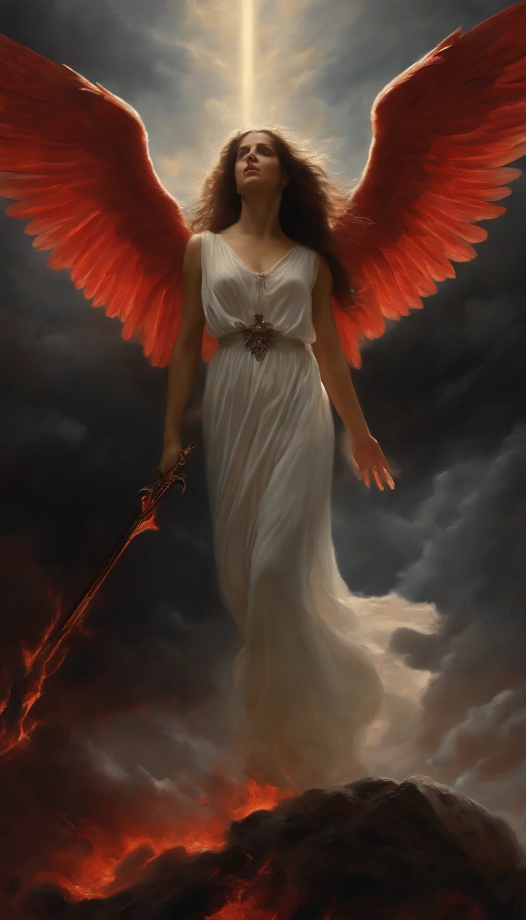A impressive angel, black opened wings, thin body, holding a dark sword, black long hair, divine light coming from sky, red dark light from below, people dying in the ground, angels flying in the sky, renaissance style, HDR, dualism., Oil painting, vivid, 8k, 12 people, fallen angel.