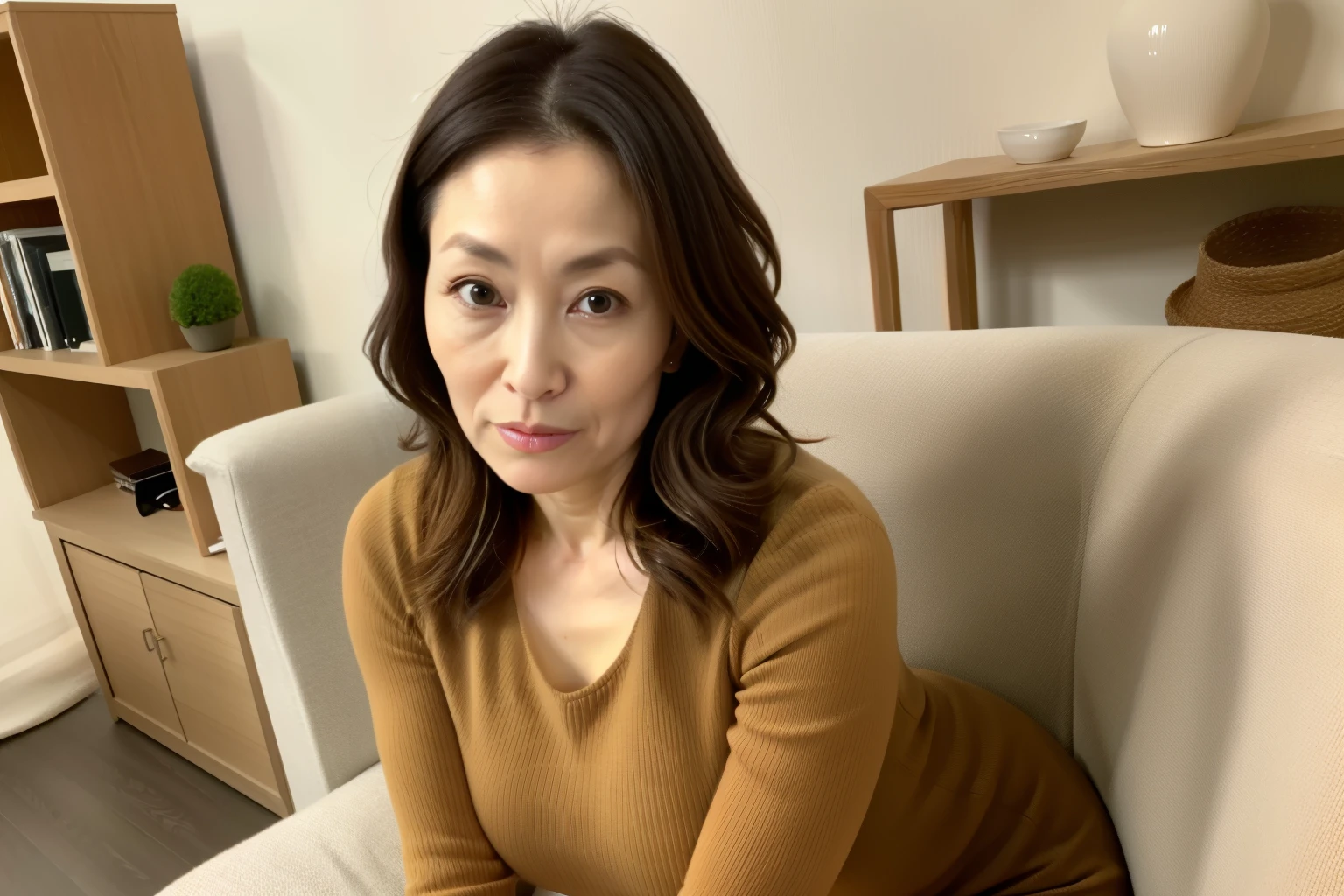 Solo.Selfie of a woman with a smartphone. In the living room..((Best Quality:1.0)), (Photorealistic:1.3),(Raw photo),(Solo),Sharp Focus,finely detailed,High Quality, High Definition,japanese, 1 Middle Aged Woman,detailed face,(muscular:1.0), (around 44 years old),(⁠japanese middle aged woman in her 40s : 1.4),(dull Skins: 1.2),black hair..Japanese mature, 45 years old, good shape big breasts,High resolution, High level image quality, high detail, masterpiece, rough skin, anatomically correct, sharp,  Black stockings..Beige Tight Fit shallow V-neck sweater,Beige skirt,middle hair.perfect fingers.Bewitching expression on her face