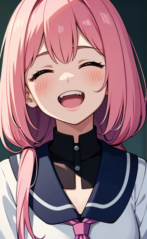 score_9, score_6_up, source_anime, 1girl, Alone, classroom, chika, blue eyes, pink hair, hair bow, black bow, black dress, white sailor collar, neck ribbon, red ribbon, short sleeves, white shirt, Half-closed eyes,Huge breasts 、From the side、Blowjob gestures、Sticking out tongue