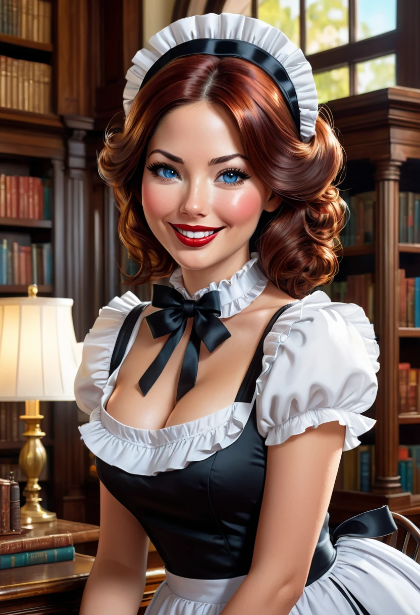 A pretty maid. best quality, masterpiece, Auburn hair, sky blue eyes, wearing a steriotypical French maid outfit, (headdress、white blouse、black ribbon、White Apron、ruffle skirt、puff sleeves、collar、choker、apron with fine ruffles：1.3)、black maid costume). looking up, upper body,hair strand,Fair skin, Large chest,. Adorable, mature Woman,detailed big-eyed woman, round face. promenent red lips. Smileing,In the mansion library, large ass, Picture from the side,looking at the scenes, intense colors, Very valuable details, complex details, volumetric lighting, digital art, 8k, trending on Artstation, Clear focus, complex details, highly detail, Greg Rutkowski Big Eyes, high-resolution, Auburn hair. Olivia Munn., attractive chest, .Photorealistic. Confidence, self esteem, assertiveness, dominance. wide Amused smile. ecstastic expression. Sultry, Cleavage. Perky bosum.

