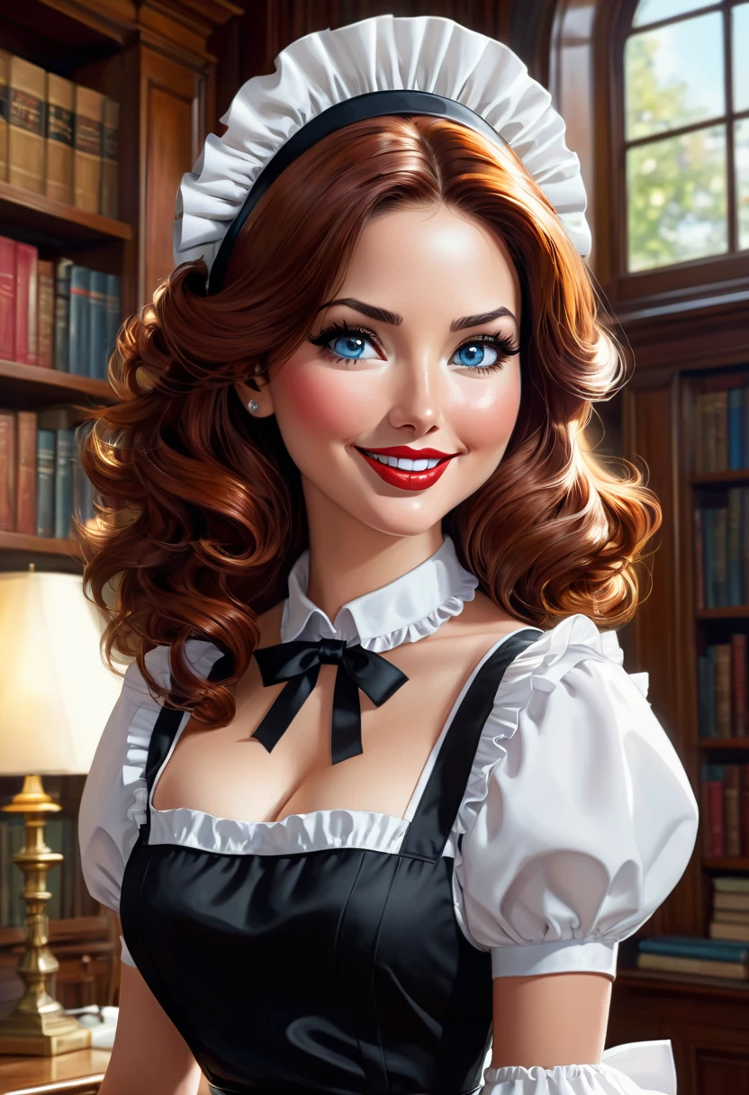 A pretty maid. best quality, masterpiece, Auburn hair, sky blue eyes, wearing a steriotypical French maid outfit, (headdress、white blouse、black ribbon、White Apron、ruffle skirt、puff sleeves、collar、choker、apron with fine ruffles:1.3)、black maid costume). looking up, upper body,hair strand,Fair skin, Large chest,. Adorable, mature Woman,detailed big-eyed woman, round face. promenent red lips. Smileing,In the mansion library, large ass, Picture from the side,looking at the scenes, intense colors, Very valuable details, complex details, volumetric lighting, digital art, 8k, trending on Artstation, Clear focus, complex details, highly detail, Greg Rutkowski Big Eyes, high-resolution, Auburn hair. Olivia Munn., attractive chest, .Photorealistic. Confidence, self esteem, assertiveness, dominance. wide Amused smile. ecstastic expression. Sultry, Cleavage. Perky bosum.