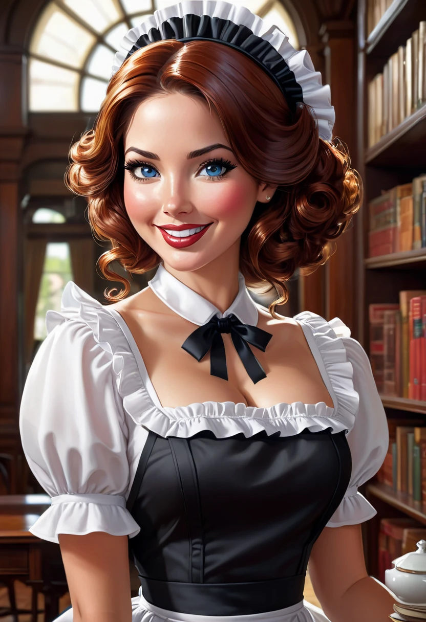 A colored pencil drawing of a pretty smiling happy victorian governess, curly auburn red hair. Kind and inteligent, joyful energy. hair in bun, hat. book of poetry in hand. 
