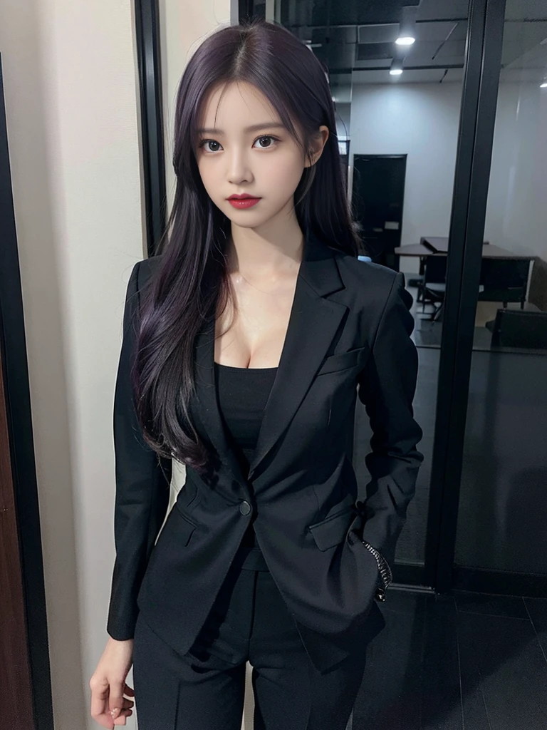 Beautiful woman, 25 years old, high ponytail, purple hair, black pantsuit, black jacket, white shirt, cleavage visible, black pumps, elegant upper class elite secretary wearing a business shirt. , working in the office, wearing a strict business suit, pantsuit style, wearing luxury high heels, girl wearing a shirt, wearing a business suit, wearing a business suit, wearing a business suit, businessman House, Business clothes, Wearing a black business suit, Wearing a shirt and jacket, Woman wearing a business suit, Business suit, Business attire, Raw photo, (8K, highest quality, masterpiece: 1.2), ( Complex Detail: 1.4), (Photoreal: 1.4), Octane Rendering, Complex 3D Rendering Super Detail, Studio Soft Light, Rim Light, Brilliant Detail, Super Detail, Realistic Skin Texture, Surface Detail , Beautiful eyes in detail, Highly detailed CG Unity 16k wallpaper, Supplement, (Detailed background:1.2),