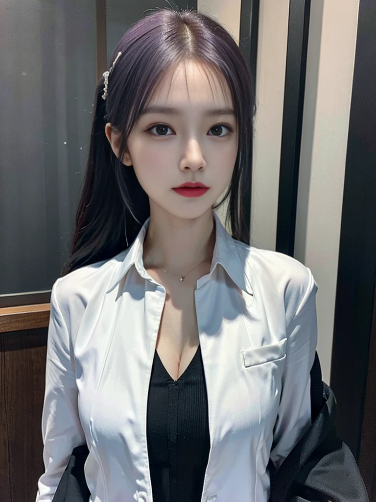 Beautiful woman, 25 years old, high ponytail, purple hair, black pantsuit, black jacket, white shirt, cleavage visible, black pumps, elegant upper class elite secretary wearing a business shirt. , working in the office, wearing a strict business suit, pantsuit style, wearing luxury high heels, girl wearing a shirt, wearing a business suit, wearing a business suit, wearing a business suit, businessman House, Business clothes, Wearing a black business suit, Wearing a shirt and jacket, Woman wearing a business suit, Business suit, Business attire, Raw photo, (8K, highest quality, masterpiece: 1.2), ( Complex Detail: 1.4), (Photoreal: 1.4), Octane Rendering, Complex 3D Rendering Super Detail, Studio Soft Light, Rim Light, Brilliant Detail, Super Detail, Realistic Skin Texture, Surface Detail , Beautiful eyes in detail, Highly detailed CG Unity 16k wallpaper, Supplement, (Detailed background:1.2),