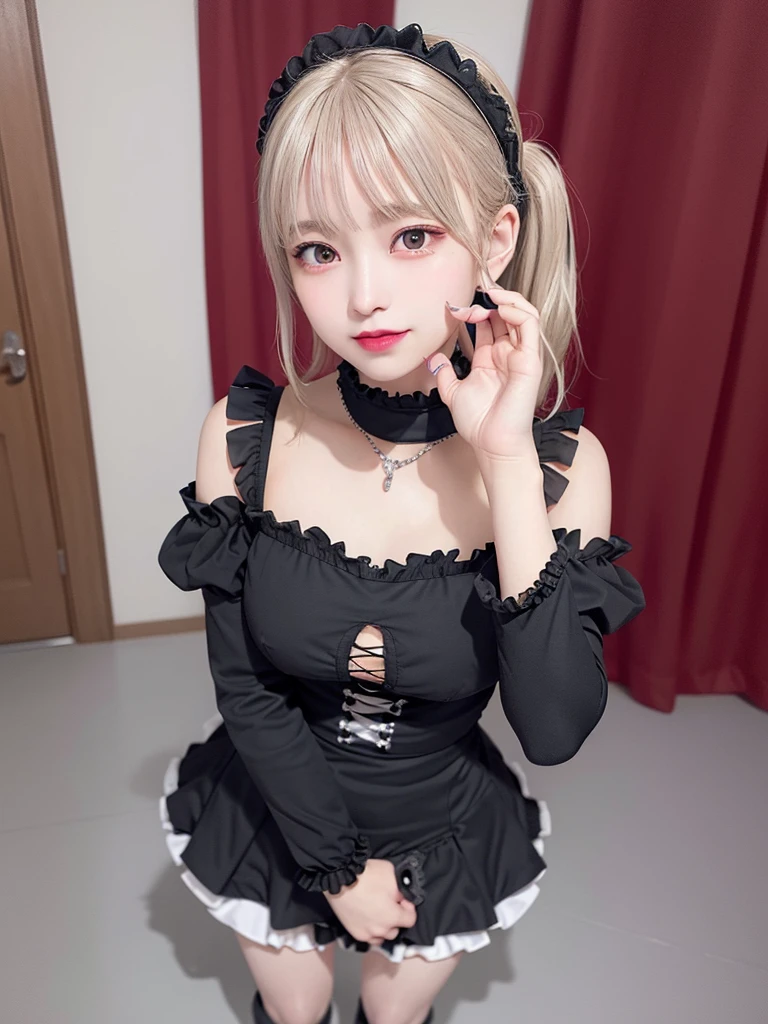 (8K, Photorealistic, Raw photo, of the highest quality: 1.3), (1girl in), Super beautiful, (Realistic face), (boyish, Silver Color Berry Shorthair), Beautiful , Glare that captivates the viewer, Beautiful expression, Beautiful breasts, (Realistic skin), Be...Super high quality, super high definition, super detailed, masterpiece, 20years old, female, cute, perfect face, beautiful, gothic ta clothes, gothic loliashion, frilly skirt, headdress, necklace, bracelet, knee-high socks, boots, double eyelids, tear bags, Detailed down to the fingers, photo-like description, indoors, dim indoor lighting, blonde hair, pony tail, standing, whole body, composition that shows the whole body, smiling,Optimal ratio of 4 fingers and 1 thumb