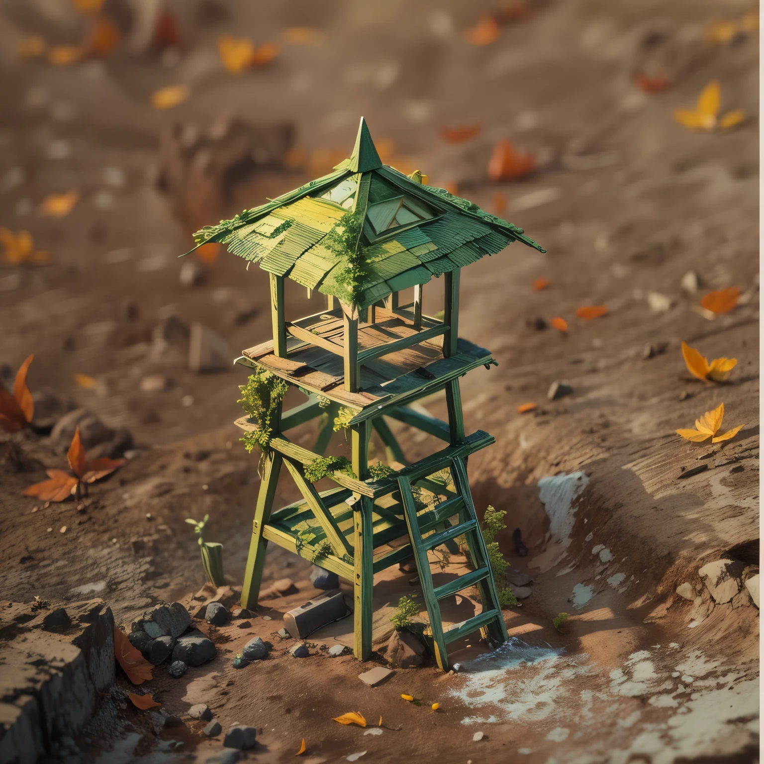 Hand painted illustration with marked strokes, de una torre de vigilancia hecha de madera y palo, con techo de paja seca, abandoned in the mountains, isometric, vista aerea, close up,