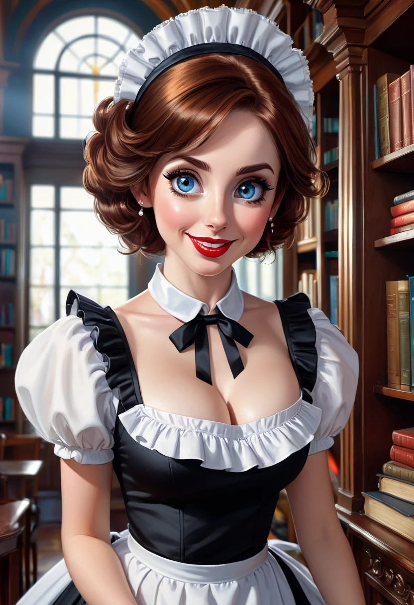 A pretty maid. best quality, masterpiece, Auburn hair, sky blue eyes, wearing a steriotypical French maid outfit, (headdress、white blouse、black ribbon、White Apron、ruffle skirt、puff sleeves、collar、choker、apron with fine ruffles:1.3)、black maid costume). looking up, upper body,hair strand,Fair skin, Large chest,. Adorable, mature Woman,detailed big-eyed woman, round face. promenent red lips. Smileing,In the mansion library, large ass, Picture from the side,looking at the scenes, intense colors, Very valuable details, complex details, volumetric lighting, digital art, 8k, trending on Artstation, Clear focus, complex details, highly detail, Greg Rutkowski Big Eyes, high-resolution, Auburn hair. Allison Brie, attractive chest, .Photorealistic. Confidence, self esteem, assertiveness, dominance. wide Amused smile. ecstastic expression. Sultry, Cleavage. Perky bosum.