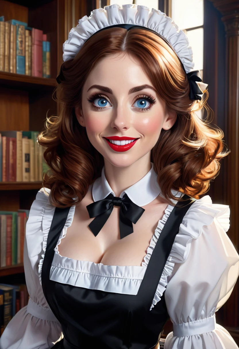 A pretty maid. best quality, masterpiece, Auburn hair, sky blue eyes, wearing a steriotypical French maid outfit, (headdress、white blouse、black ribbon、White Apron、ruffle skirt、puff sleeves、collar、choker、apron with fine ruffles：1.3)、black maid costume). looking up, upper body,hair strand,Fair skin, Large chest,. Adorable, mature Woman,detailed big-eyed woman, round face. promenent red lips. Smileing,In the mansion library, large ass, Picture from the side,looking at the scenes, intense colors, Very valuable details, complex details, volumetric lighting, digital art, 8k, trending on Artstation, Clear focus, complex details, highly detail, Greg Rutkowski Big Eyes, high-resolution, Auburn hair. Allison Brie, attractive chest, .Photorealistic. Confidence, self esteem, assertiveness, dominance. wide Amused smile. ecstastic expression. Sultry, Cleavage. Perky bosum.
