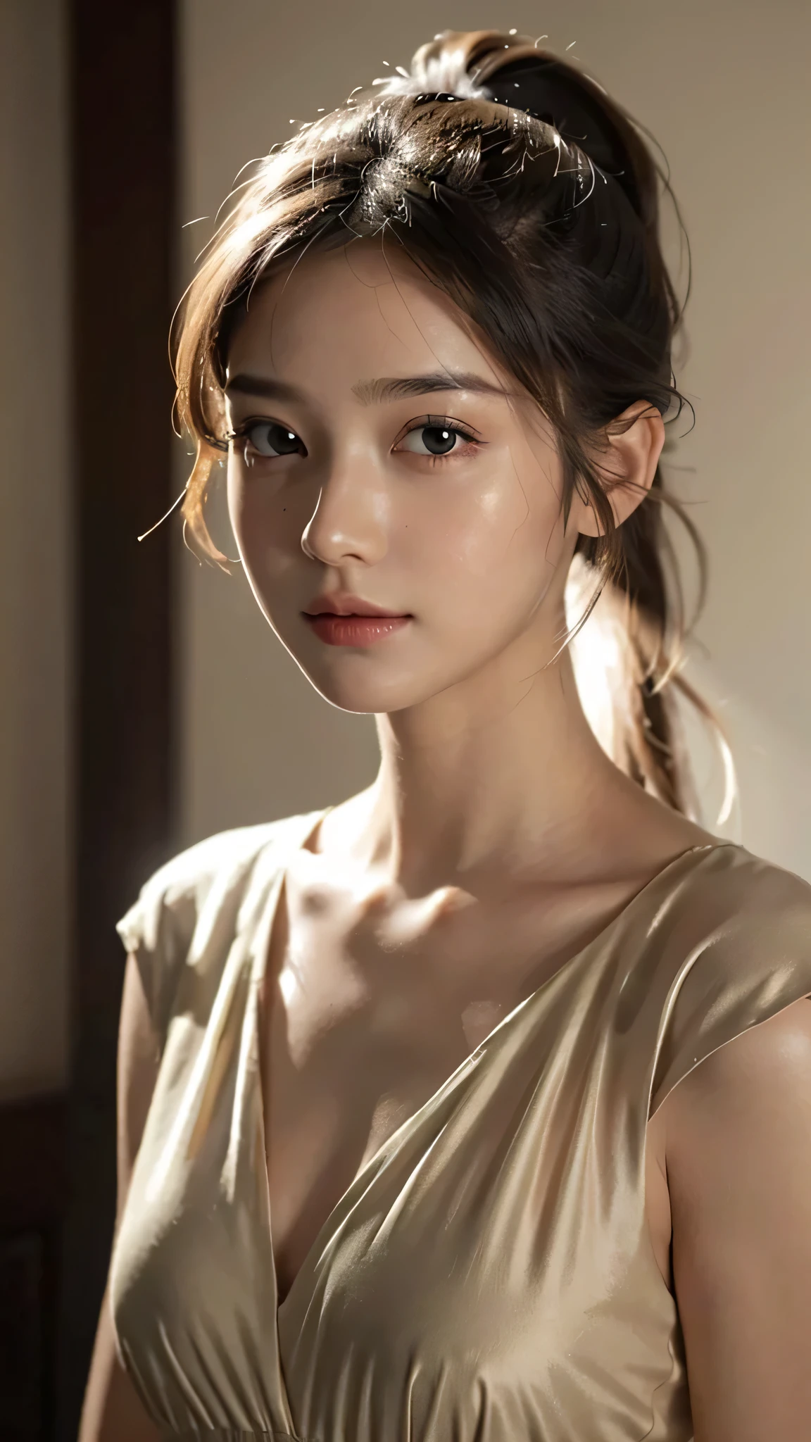 One woman,fully body photo,masutepiece, The highest image quality, High quality, the background is clear，Beautiful woman, Japanese, Detailed, Detailed eyes, Detailed skin, Beautiful skin, 超hight resolution, (reality: 1.4),Very beautiful woman, Slightly younger face, Beautiful skin, slender, (Ultra photo realsisim), (hight resolution), (8K), (Very detailed) (beautifully detailed eyes), (super detailed),   (Detailed face), view the viewer, Fine details, Detailed face, Staring straight ahead, Staring straight ahead, photos realistic, Bright lighting, Professional Lighting, Black hair,poneyTail,a baby face,sixteen years old,Hairstyle is ponytail,long ponytail hairstyle,slight smile,Orange colored long dress with lots of ruffles, softly shaped skirt,Spotlight on stage,close-up of face, 