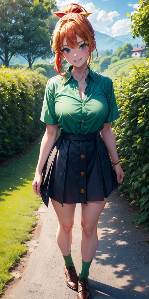1girl, full body, summer, village, trees, sun, clouds, ((colorful hair)), ponytail, large breasts, cleavage, button down, blue eyes, ((dark green shirt)), ((unbuttoned shirt)), unbuttoning buttons, ((short sleeved shirt)), mini skirt, brown shoes, grin, looking at the viewer, standing, red, white and green hair ribbon, ((golden necklate))