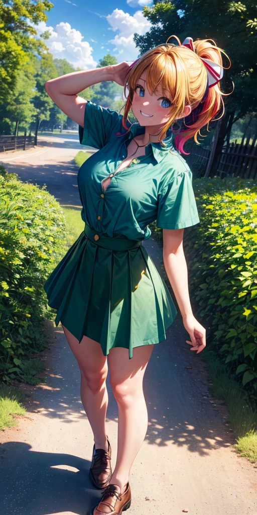 1girl, full body, summer, village, trees, sun, clouds, ((colorful hair)), ponytail, large breasts, button down, blue eyes, ((dark green shirt)), ((unbuttoned shirt)), unbuttoning buttons, ((short sleeved shirt)), mini skirt, brown shoes, grin, looking at the viewer, standing, red, white and green hair ribbon, ((golden necklate))