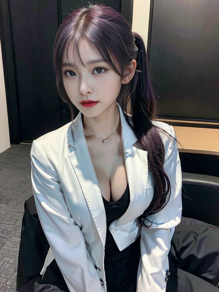 Beautiful woman, 25 years old, high ponytail, bright purple hair, elegant upper class wearing a black pantsuit, black jacket, white shirt, cleavage visible, black pumps, and a business shirt. Elite secretary, working in the office, wearing a strict business suit, pantsuit style, wearing luxury high heels, girl wearing a shirt, wearing a business suit, wearing a business suit, wearing a business suit , Businessman, Business clothes, Wearing a black business suit, Wearing a shirt and jacket, Woman wearing a business suit, Business suit, Business attire, Raw photo, (8K, highest quality, masterpiece: 1.2) , (Complex Detail: 1.4), (Photoreal: 1.4), Octane Rendering, Complex 3D Rendering Super Detail, Studio Soft Light, Rim Light, Vibrant Detail, Super Detail, Realistic Skin Texture, Surface Details, Beautiful eyes in detail, Highly detailed CG Unity 16k wallpaper, Supplement, (Detailed background:1.2),