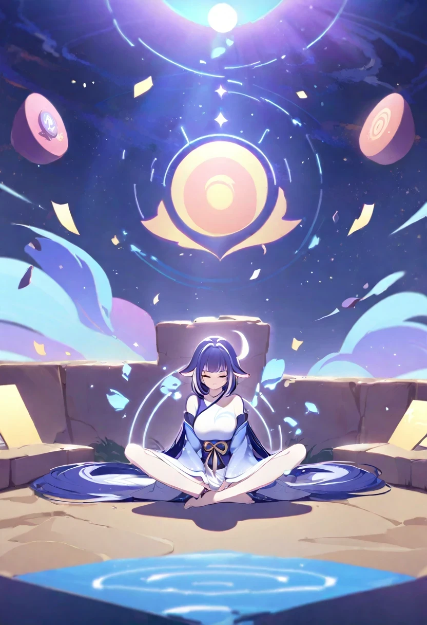 ((shylily)), (Character concept image:1.3),(at a rock place in a desert:1.2), (sitting on illuminated magic circle drawing on the ground:1.2, under starly sky:1.3, sitting Indian-styles:1.3, Yoga posing:1.1,