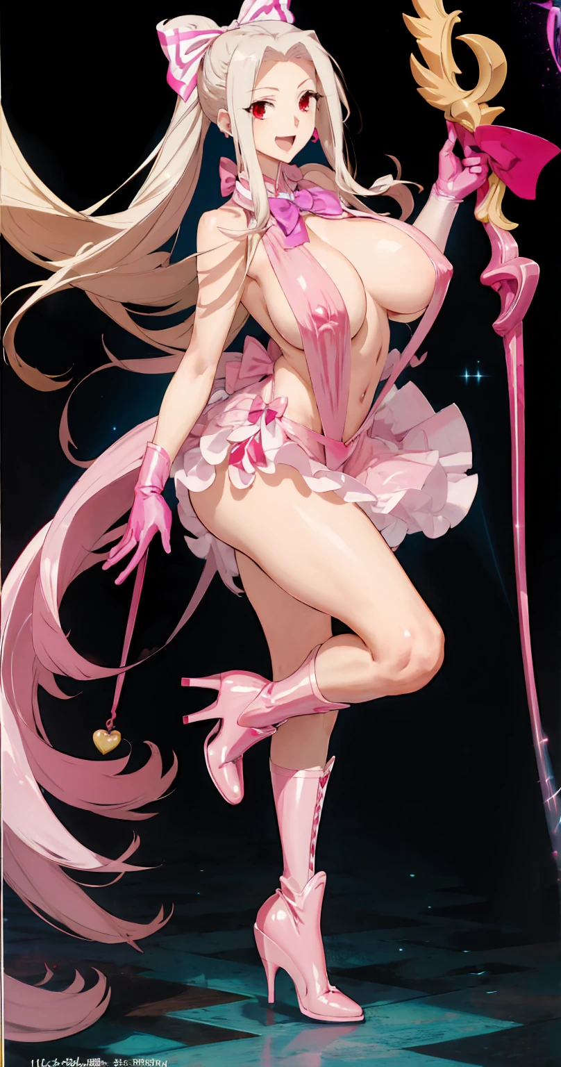 1girl,(Irisviel von Einzbern),mature female,red eyes,solo,bangs,(gigantic_breasts:1.6),(hanging breasts:1.4),(magical_girl),white gloves,pink footwear,high heels,pink boots,pink bow,blue bow,bow,brooch,dress,standing,earrings,frilled dress,frills,gloves,hair bow,heart,jewelry,seductive smile,open mouth,holding staff,art style,best quality,amazing quality,very aesthetic,absurdres,anime,best quality,amazing quality,very aesthetic,absurdres,
