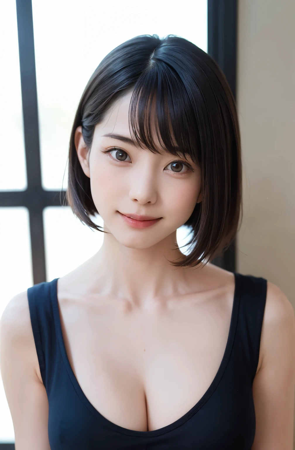 ((highest quality、best image quality、ultra high resolution、Drawn in ultra high definition、alone、look closely at the camera、light colored eyes))、1 girl、realistic、Depth of written boundary、natural soft light、daytime、charm、beautiful face、cleanliness、pure face、white skin、cute、short hair、beach、Light of the sun、nadium chest、Full body Esbian、((light dark blue sweater、Money is more important than beauty、Very beautiful big、Beautiful and very large udder、chestが開いた、show to audience、expose your waist、publish one'shoulder、chestを見せるために前かがみになる))、long neck、show me your ears、Clean short bob hair with bangs、とてもsmile、perfect fingers、perfect hands、perfect body、perfect face、Shine a light into your eyes、perfect anatomy、tall supermodel、Supermodel with long legs、Supermodel with a long neck、広いshoulder、arms should be lowered to the sides、stand、chestより少し上、bright windowsill background、smile at the audience、laughter、smile、that'that'that's very big today、beautiful teeth、beautiful teeth alignment、chestが大きく開いた状態、beautiful decollete、Very beautiful sexy woman with a lot of exposure、Pay attention to your audience、Look up at the viewer slightly above.....、slightly upward、shadow fade、{huge|big|hugeな|mega} chest:1.9, cleavage:1.9