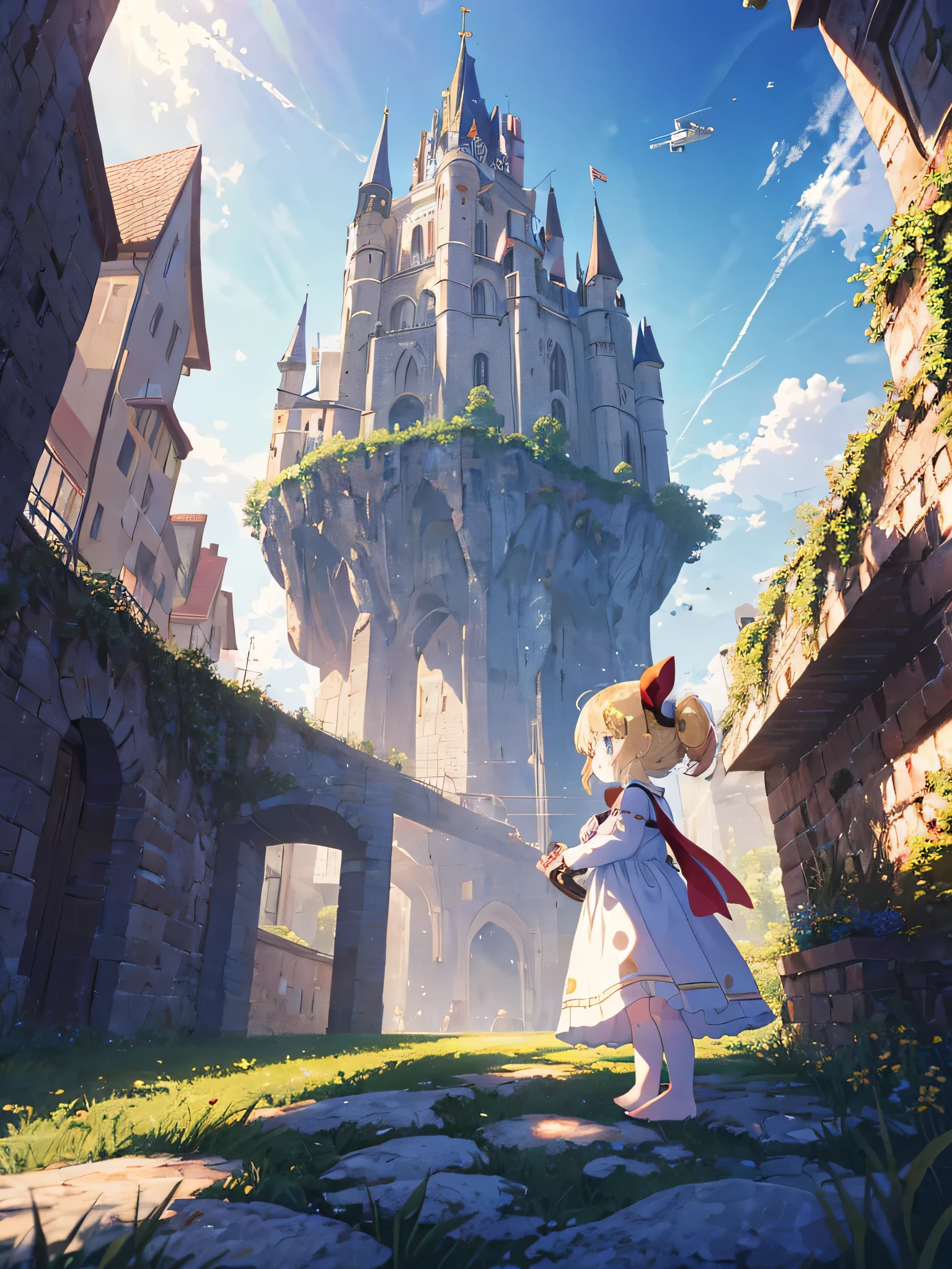 Italian landscape (countryside, open fields, brick towers, castle walls, robots made from old machines), 1 girl (3 years old), cute children's underwear, red headband, light blue dress (long hemline) )), (short arms: 1) 1 and a half years), round face, (girl: 1.8), bare feet, (child: 1 and a half years), (baby face: 1.4))), sunlight, flat chest, blonde hair, super Long hair, hair tied up, surface effect, color effect) Profile, the girl is standing on the top of a high stone tower, there is a blue gem on the girl's chest, the gem emits yellow light, and the light is in the sky A super huge fantasy propeller airship (military use) can be seen flying above the sky, with special effects, {{{((Super hand-drawn style illustration, pale color, beautiful Color, chic color)}}}, far perspective, LONG SHOT, Deltamon

