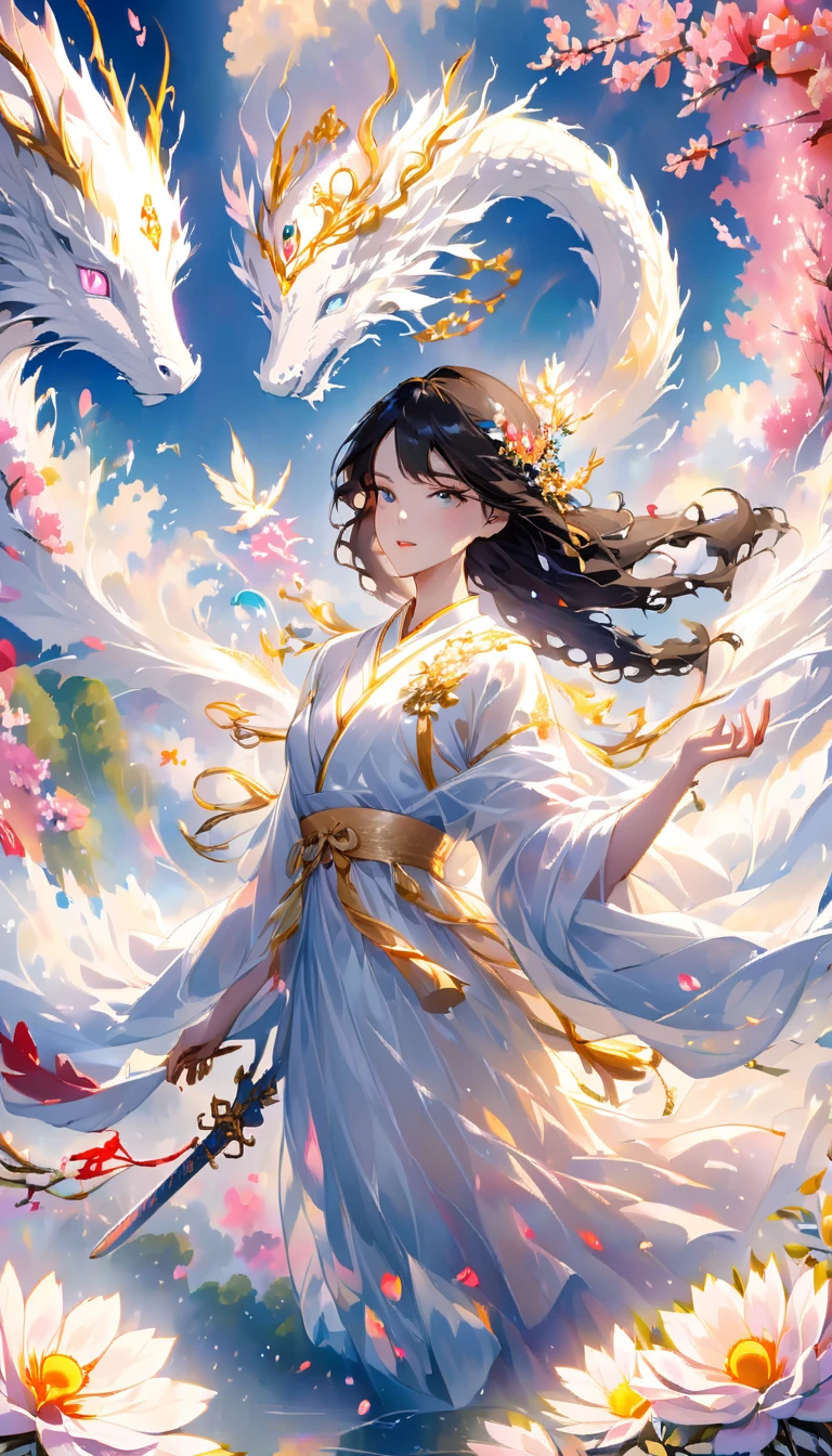 Wrapped in iridescent clouds，There&#39;s a halo around me，White dragon in the background，godが５Being around people，Sanskrit characters are floating around，petals dance，Wearing a golden, transparent robe，Glamorous black-haired angel，Glittering gold jewelry，Jewel in the right hand，Sword in left hand，Miraculous，god々The beauty，Radiant，delicate touch
